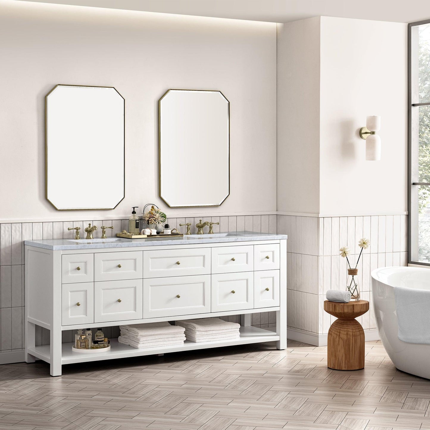 James Martin Vanities Breckenridge 72" Bright White Double Vanity With 3cm Carrara Marble Top