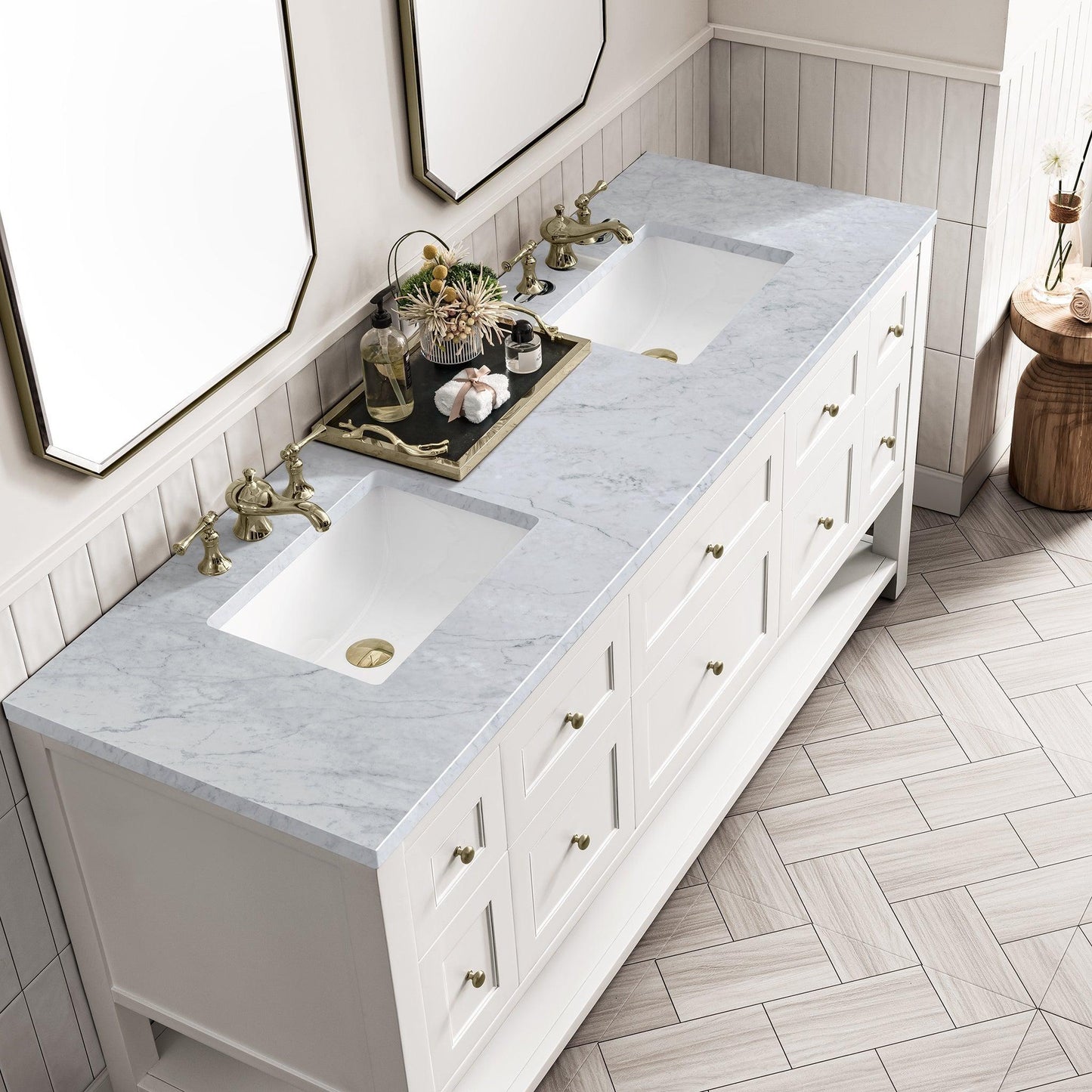 James Martin Vanities Breckenridge 72" Bright White Double Vanity With 3cm Carrara Marble Top