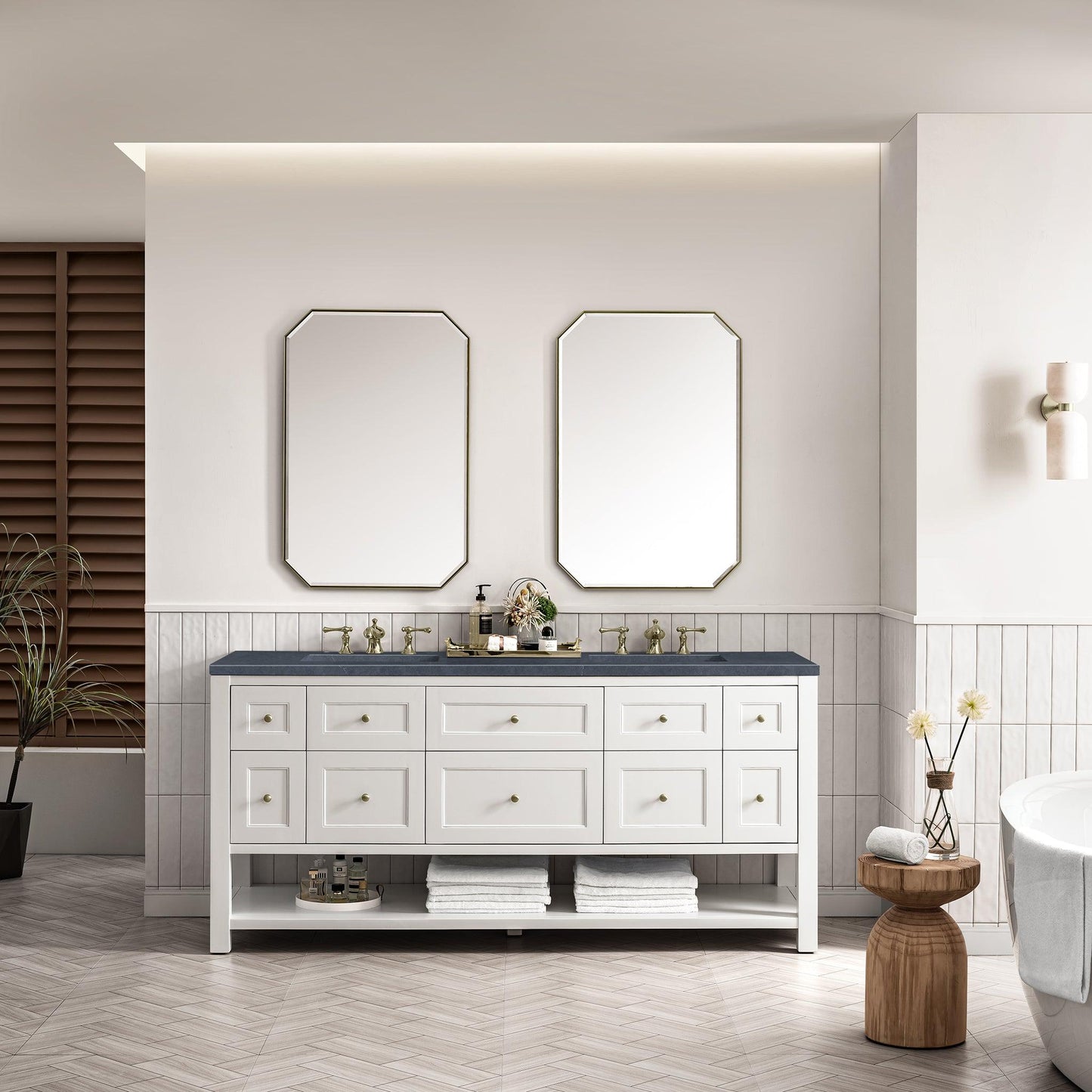 James Martin Vanities Breckenridge 72" Bright White Double Vanity With 3cm Charcoal Soapstone Top