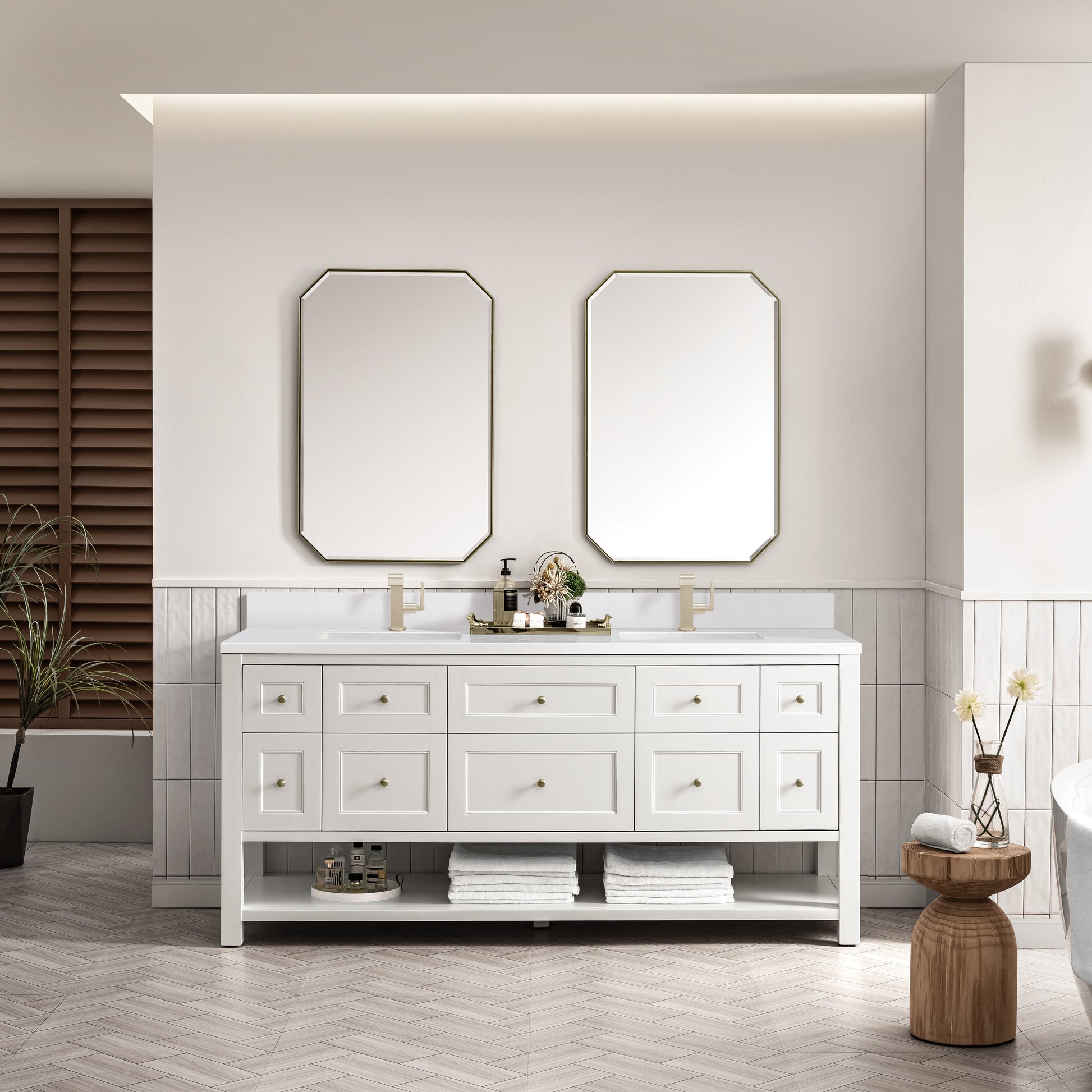 James Martin Vanities Breckenridge 72" Bright White Double Vanity With Single Hole 3 cm White Zeus Top & Backsplash