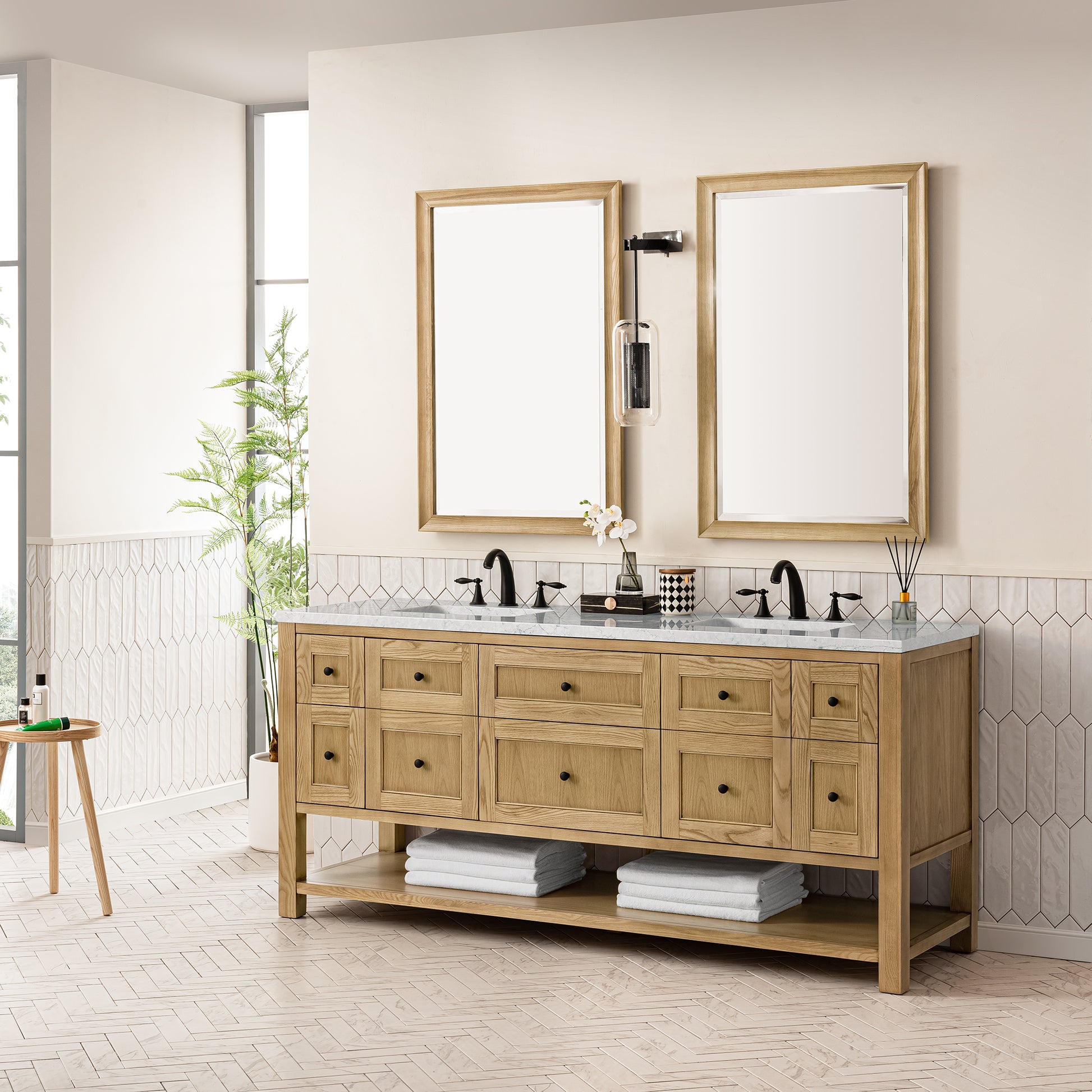 James Martin Vanities Breckenridge 72" Light Natural Oak Double Vanity With 3 cm Eternal Jasmine Pearl Top and FreePower Wireless Charger