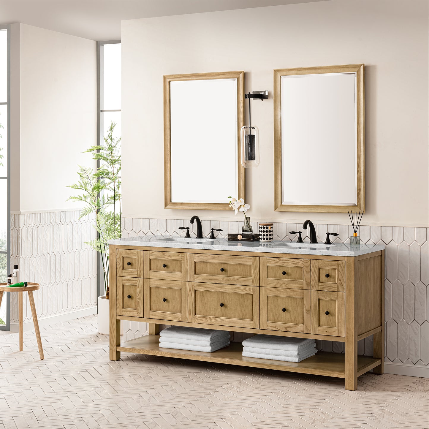 James Martin Vanities Breckenridge 72" Light Natural Oak Double Vanity With 3 cm Eternal Jasmine Pearl Top and FreePower Wireless Charger