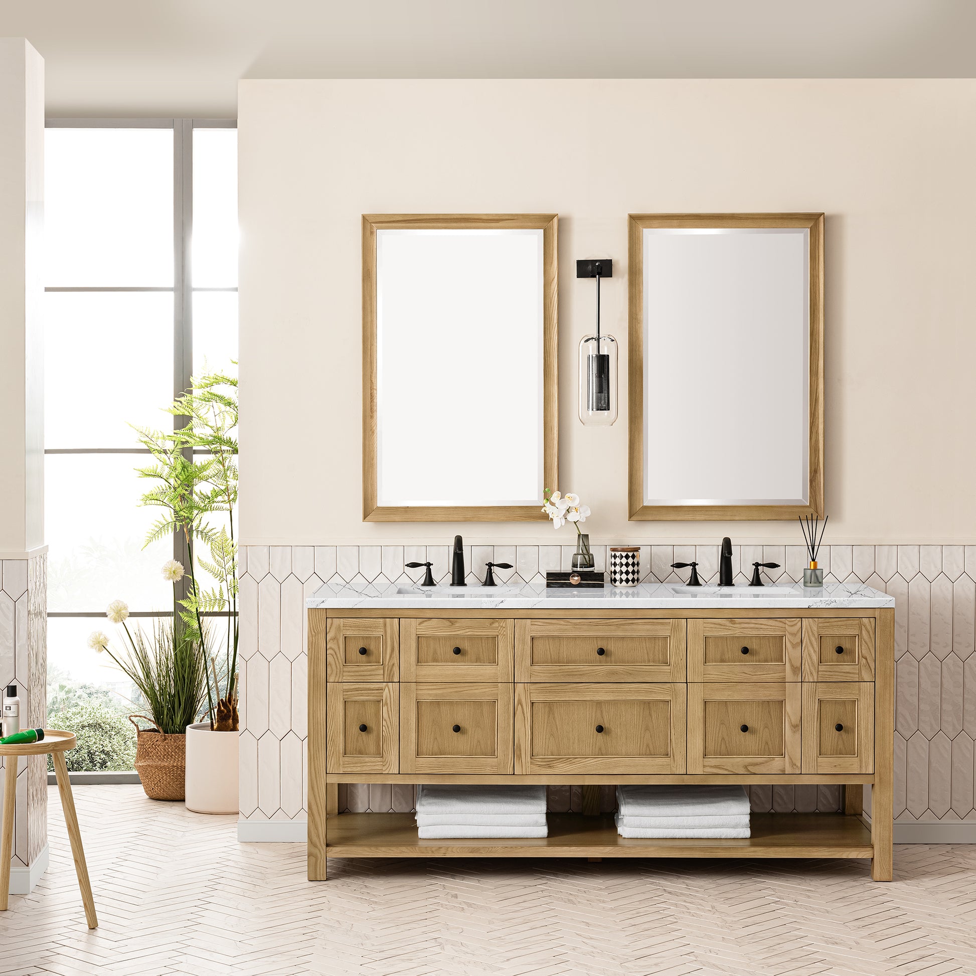 James Martin Vanities Breckenridge 72" Light Natural Oak Double Vanity With 3 cm Ethereal Noctis Top and FreePower Wireless Charger