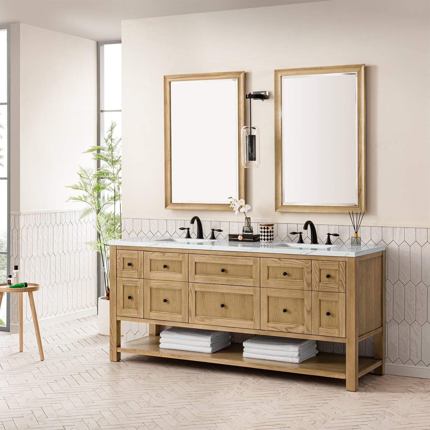 James Martin Vanities Breckenridge 72" Light Natural Oak Double Vanity With 3 cm Ethereal Noctis Top and FreePower Wireless Charger