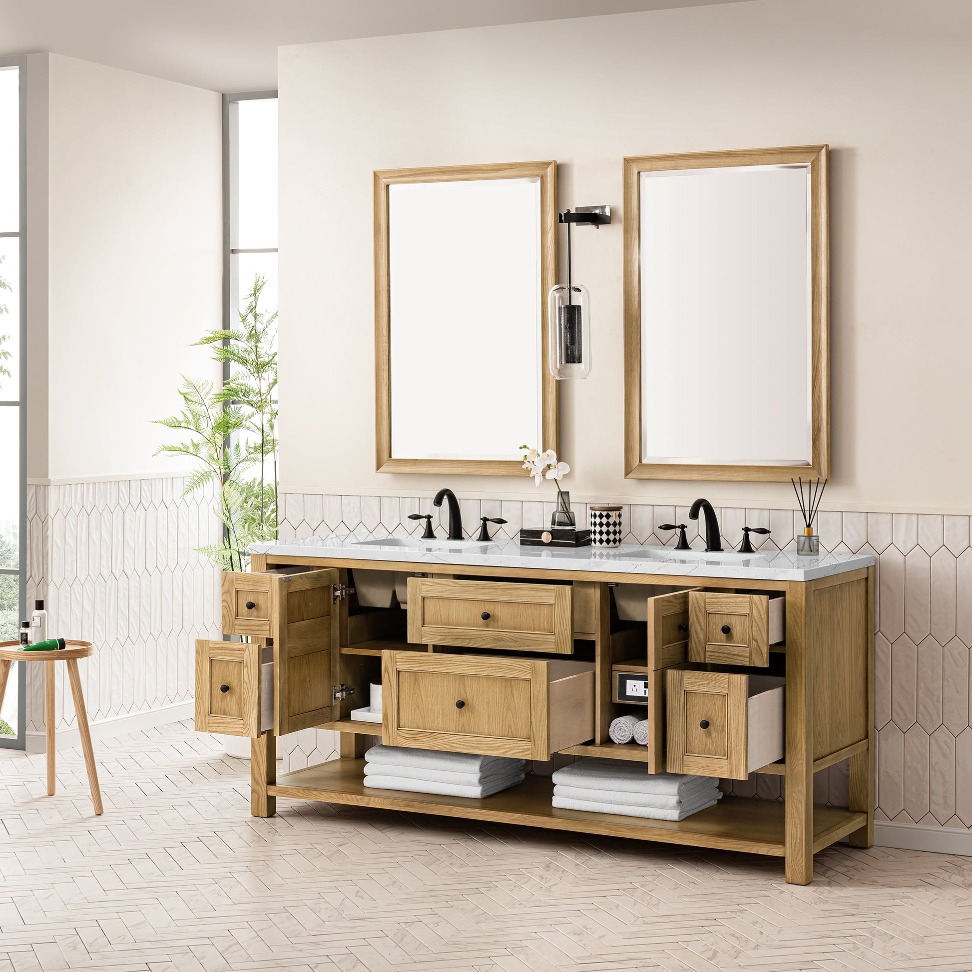 James Martin Vanities Breckenridge 72" Light Natural Oak Double Vanity With 3 cm Ethereal Noctis Top and FreePower Wireless Charger