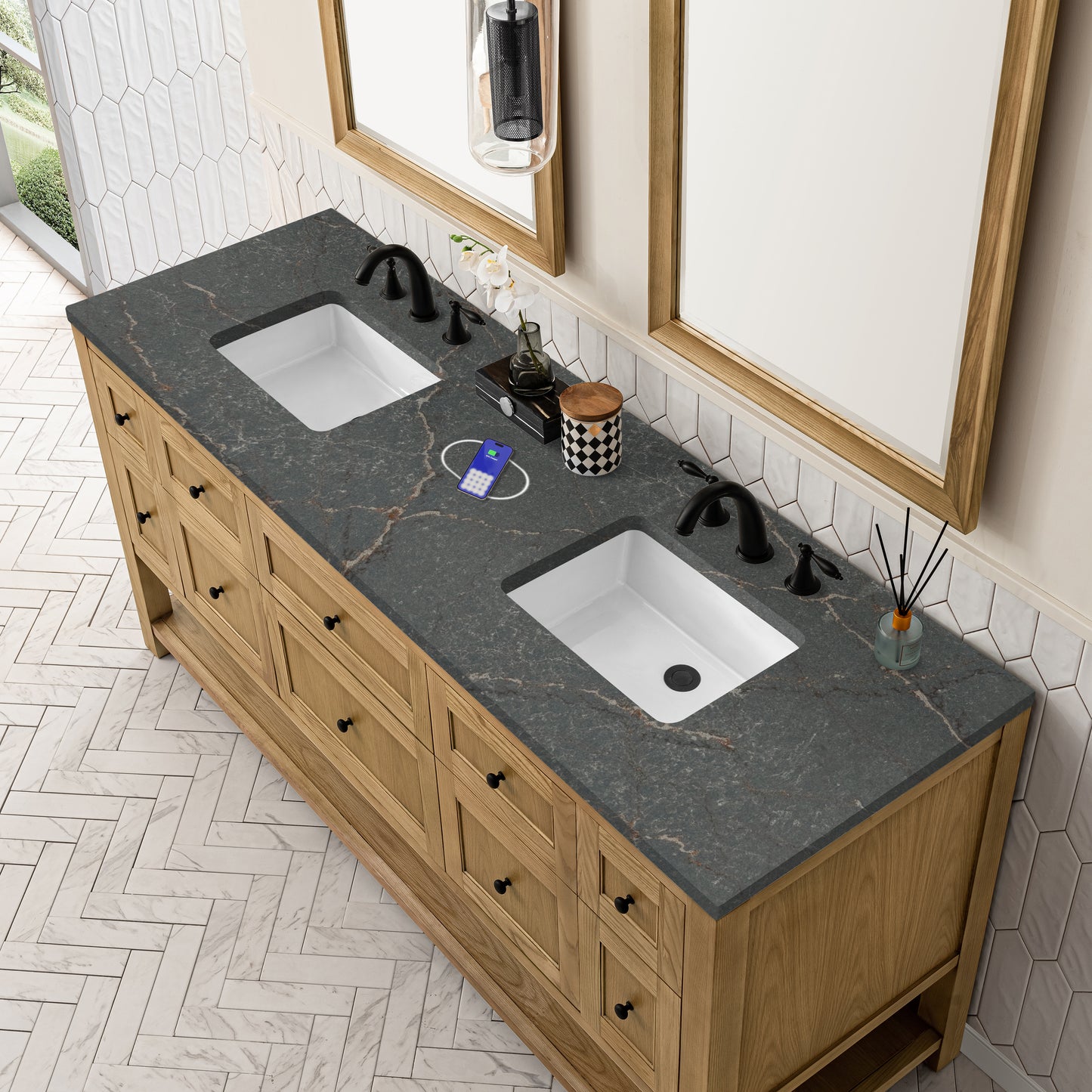 James Martin Vanities Breckenridge 72" Light Natural Oak Double Vanity With 3 cm Parisien Bleu Top and FreePower Wireless Charger