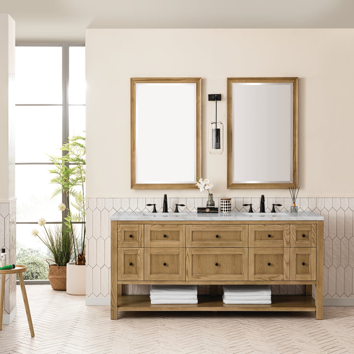 James Martin Vanities Breckenridge 72" Light Natural Oak Double Vanity With 3 cm Victorian Silver Top and FreePower Wireless Charger