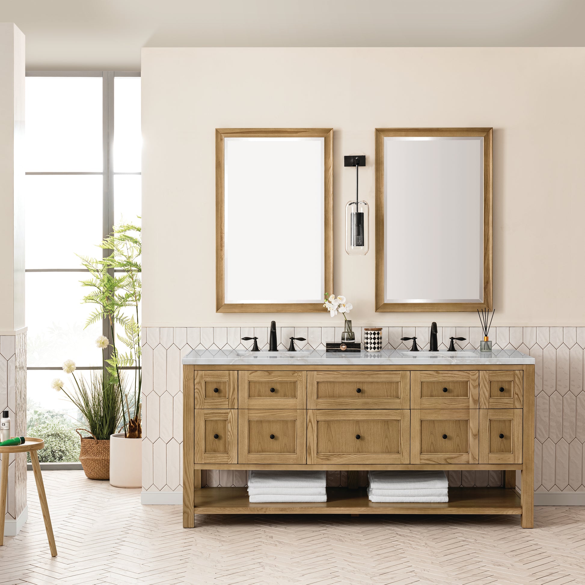 James Martin Vanities Breckenridge 72" Light Natural Oak Double Vanity With 3 cm Victorian Silver Top and FreePower Wireless Charger