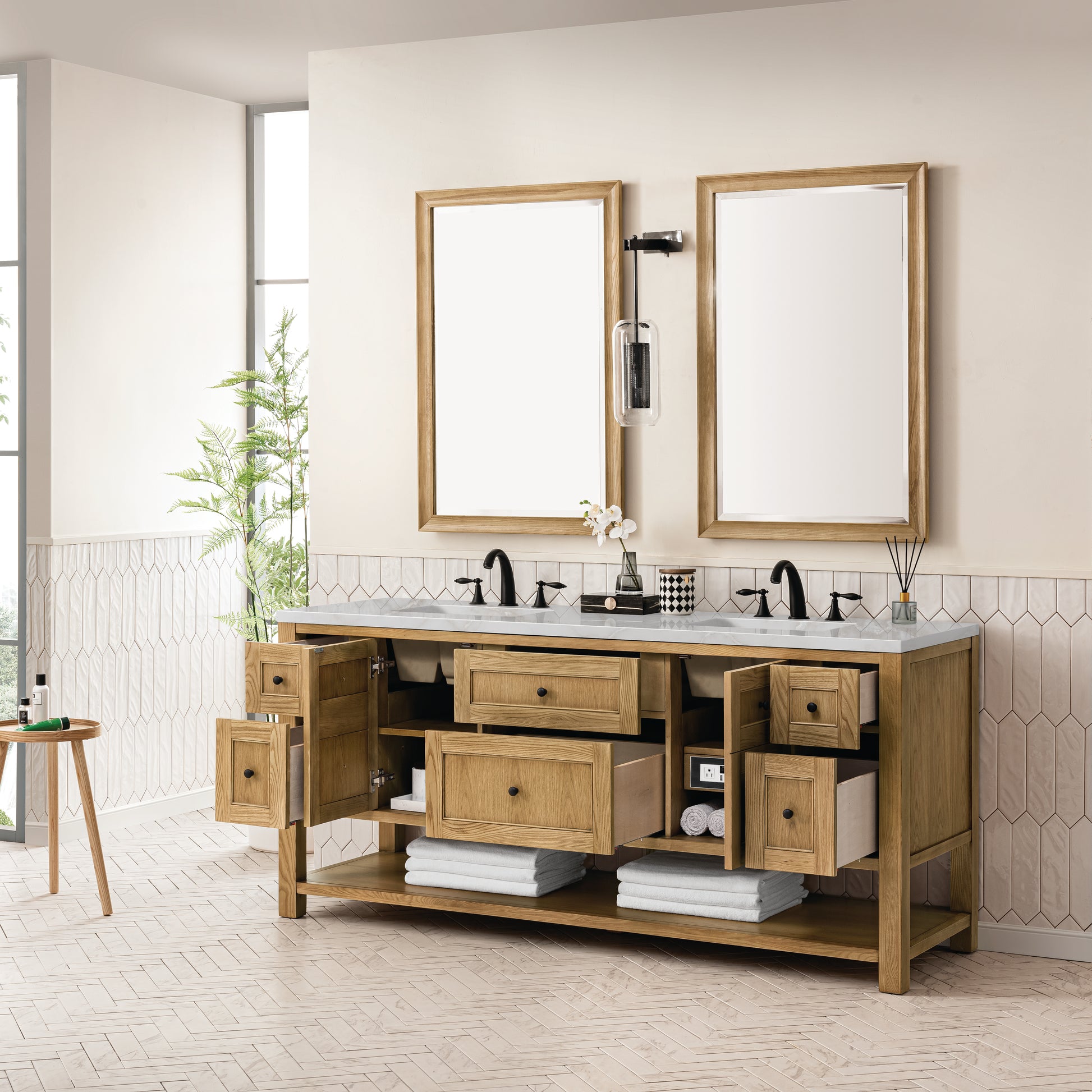 James Martin Vanities Breckenridge 72" Light Natural Oak Double Vanity With 3 cm Victorian Silver Top and FreePower Wireless Charger