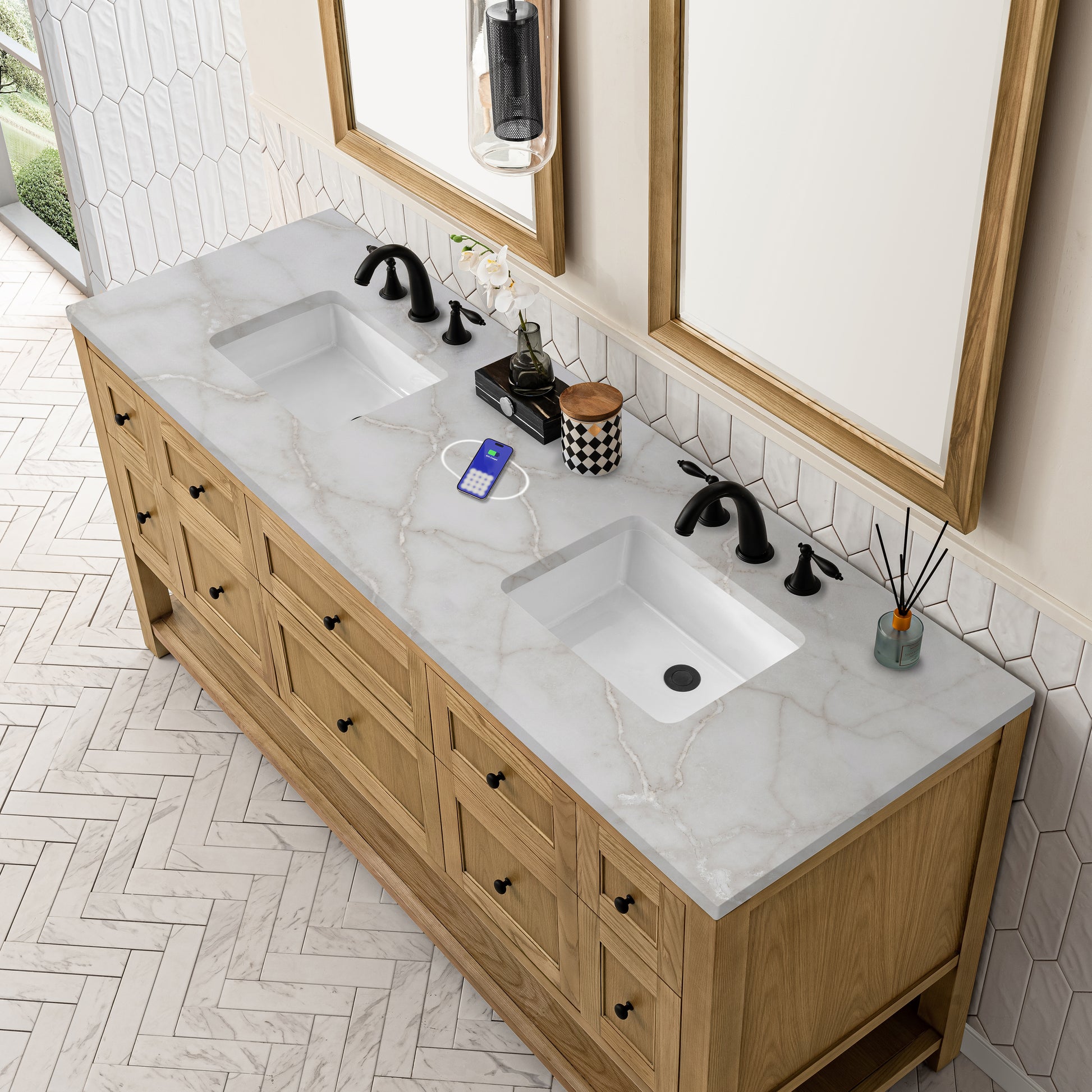 James Martin Vanities Breckenridge 72" Light Natural Oak Double Vanity With 3 cm Victorian Silver Top and FreePower Wireless Charger