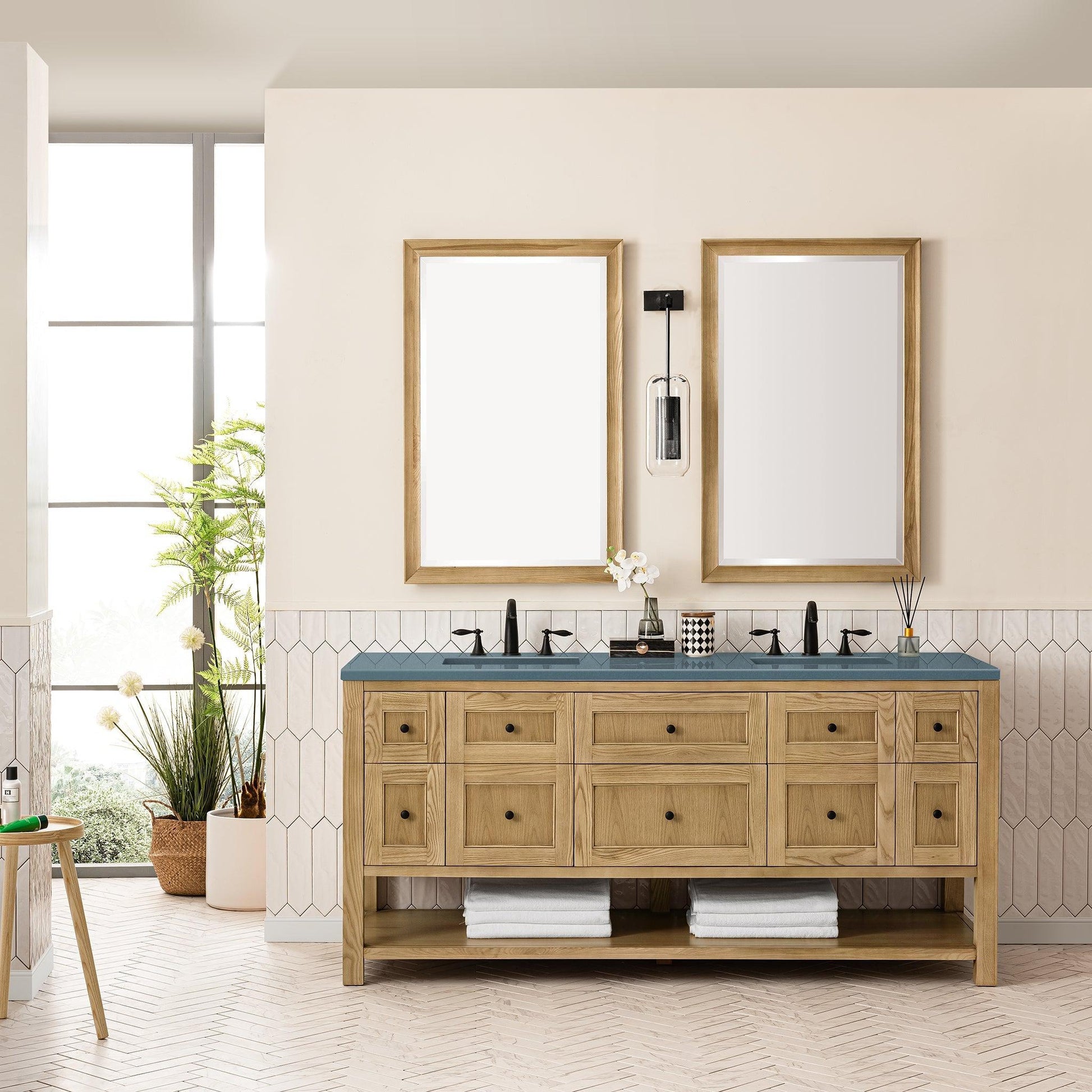 James Martin Vanities Breckenridge 72" Light Natural Oak Double Vanity With 3cm Cala Blue Top