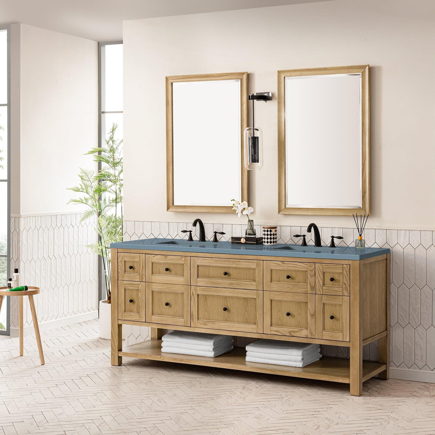 James Martin Vanities Breckenridge 72" Light Natural Oak Double Vanity With 3cm Cala Blue Top