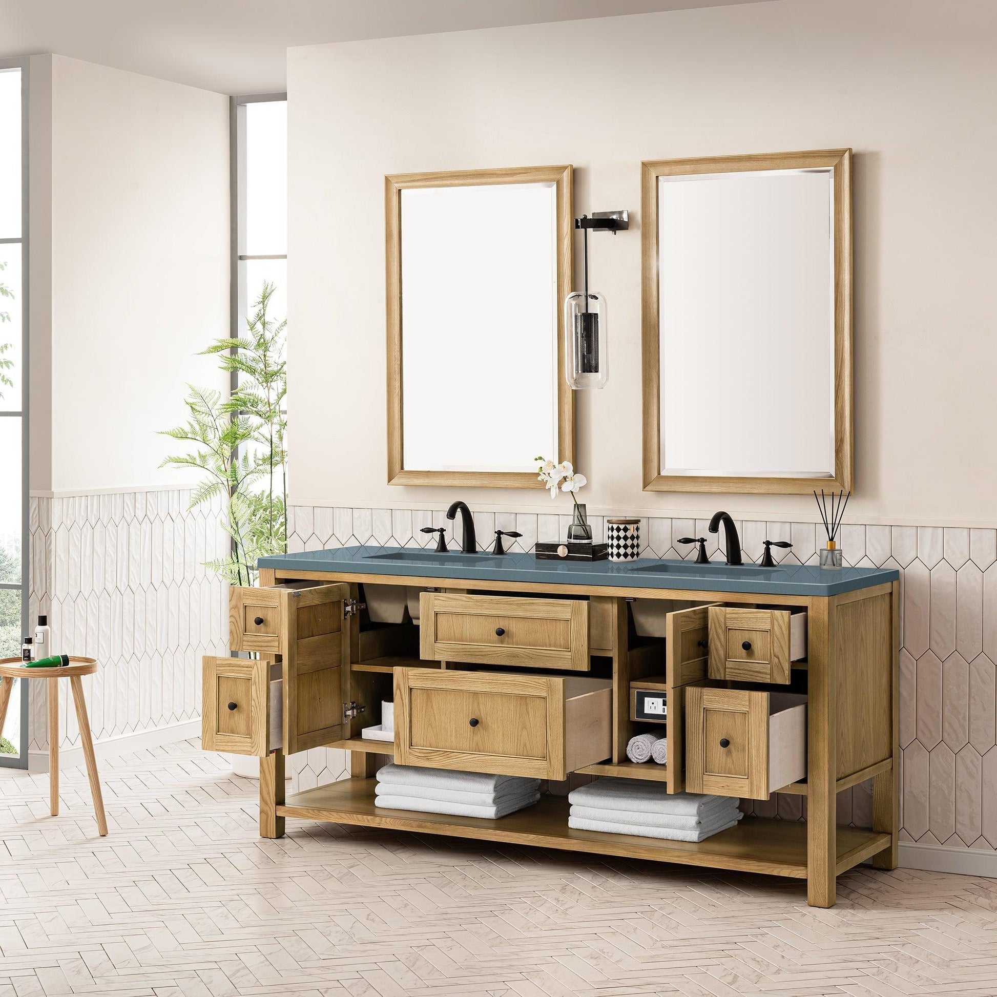 James Martin Vanities Breckenridge 72" Light Natural Oak Double Vanity With 3cm Cala Blue Top