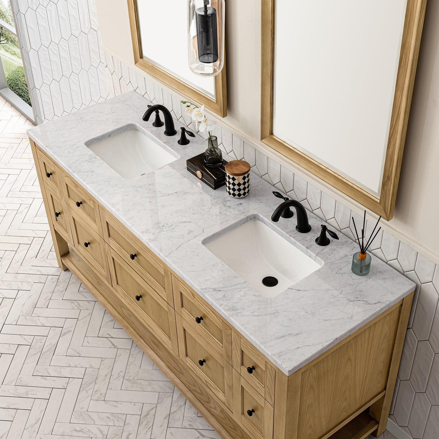 James Martin Vanities Breckenridge 72" Light Natural Oak Double Vanity With 3cm Carrara Marble Top