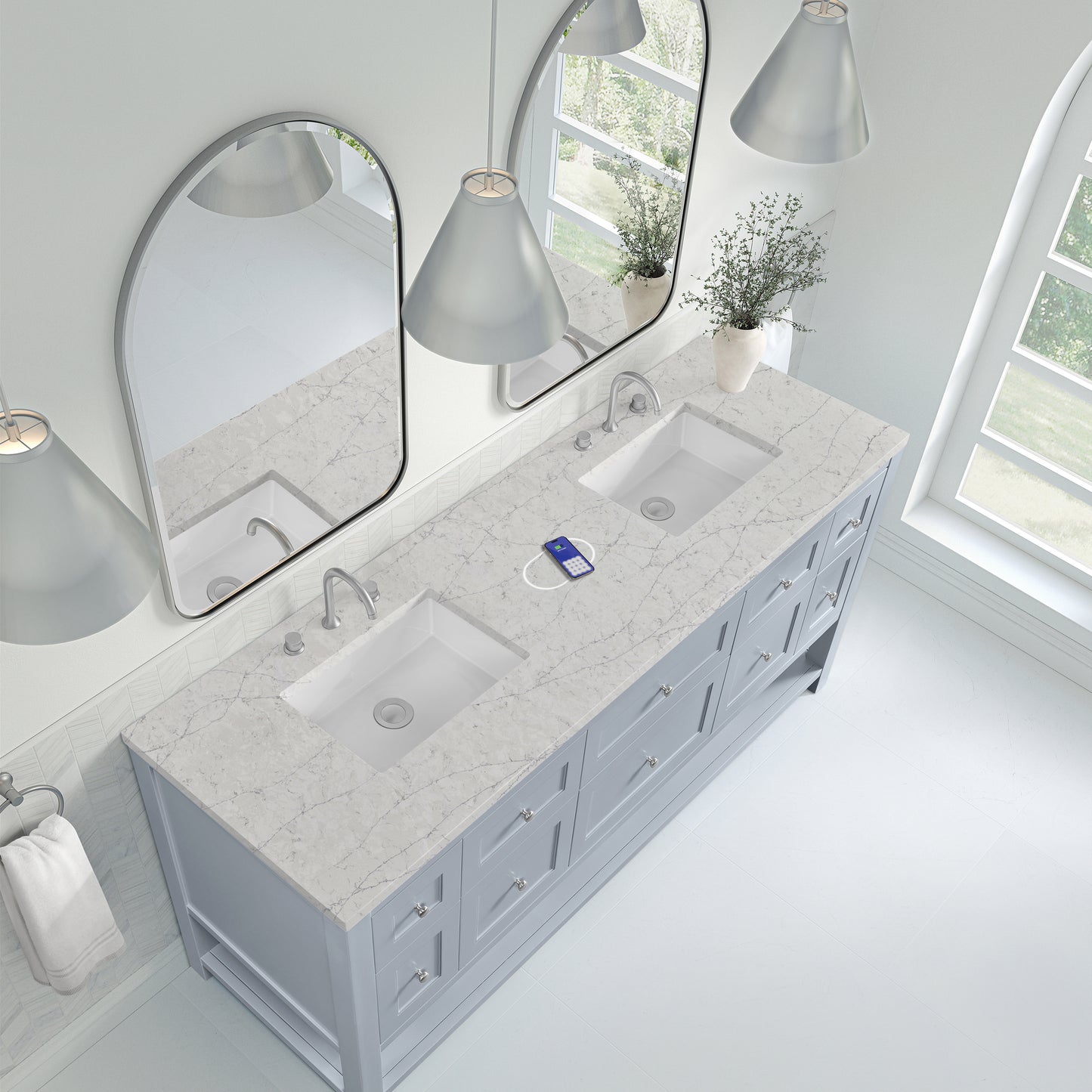 James Martin Vanities Breckenridge 72" Serenity Blue Double Vanity With 3 cm Eternal Jasmine Pearl Quartz Top and FreePower Wireless Charger