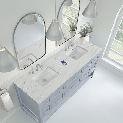James Martin Vanities Breckenridge 72" Serenity Blue Double Vanity With 3 cm Ethereal Noctis Quartz Top and FreePower Wireless Charger