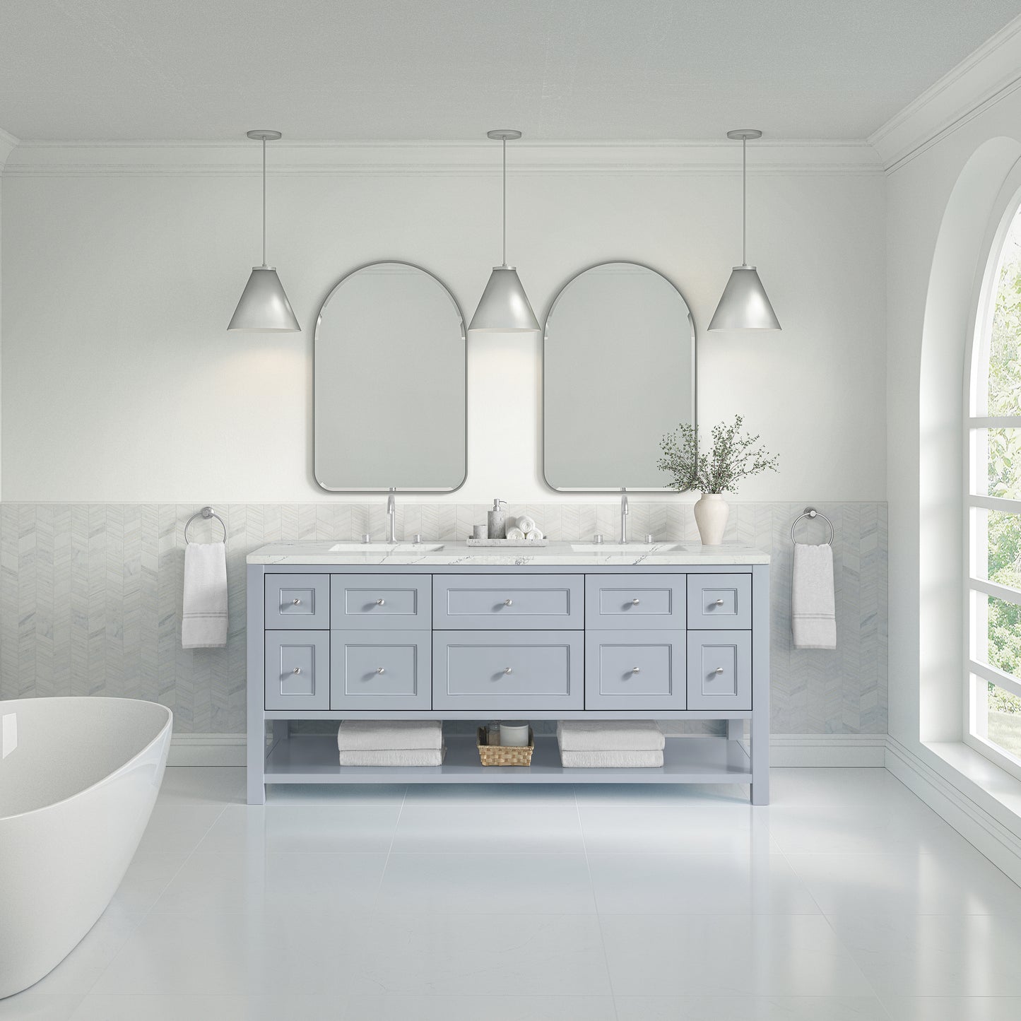 James Martin Vanities Breckenridge 72" Serenity Blue Double Vanity With 3 cm Ethereal Noctis Quartz Top and FreePower Wireless Charger