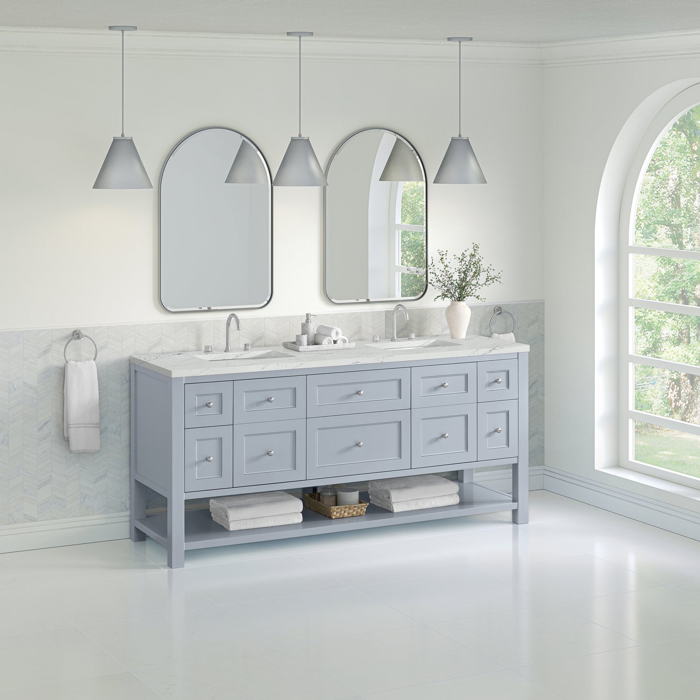 James Martin Vanities Breckenridge 72" Serenity Blue Double Vanity With 3 cm Ethereal Noctis Quartz Top and FreePower Wireless Charger
