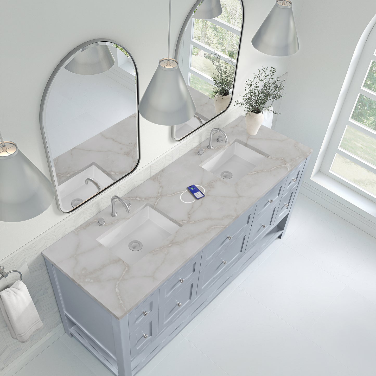 James Martin Vanities Breckenridge 72" Serenity Blue Double Vanity With 3 cm Victorian Silver Quartz Top and FreePower Wireless Charger