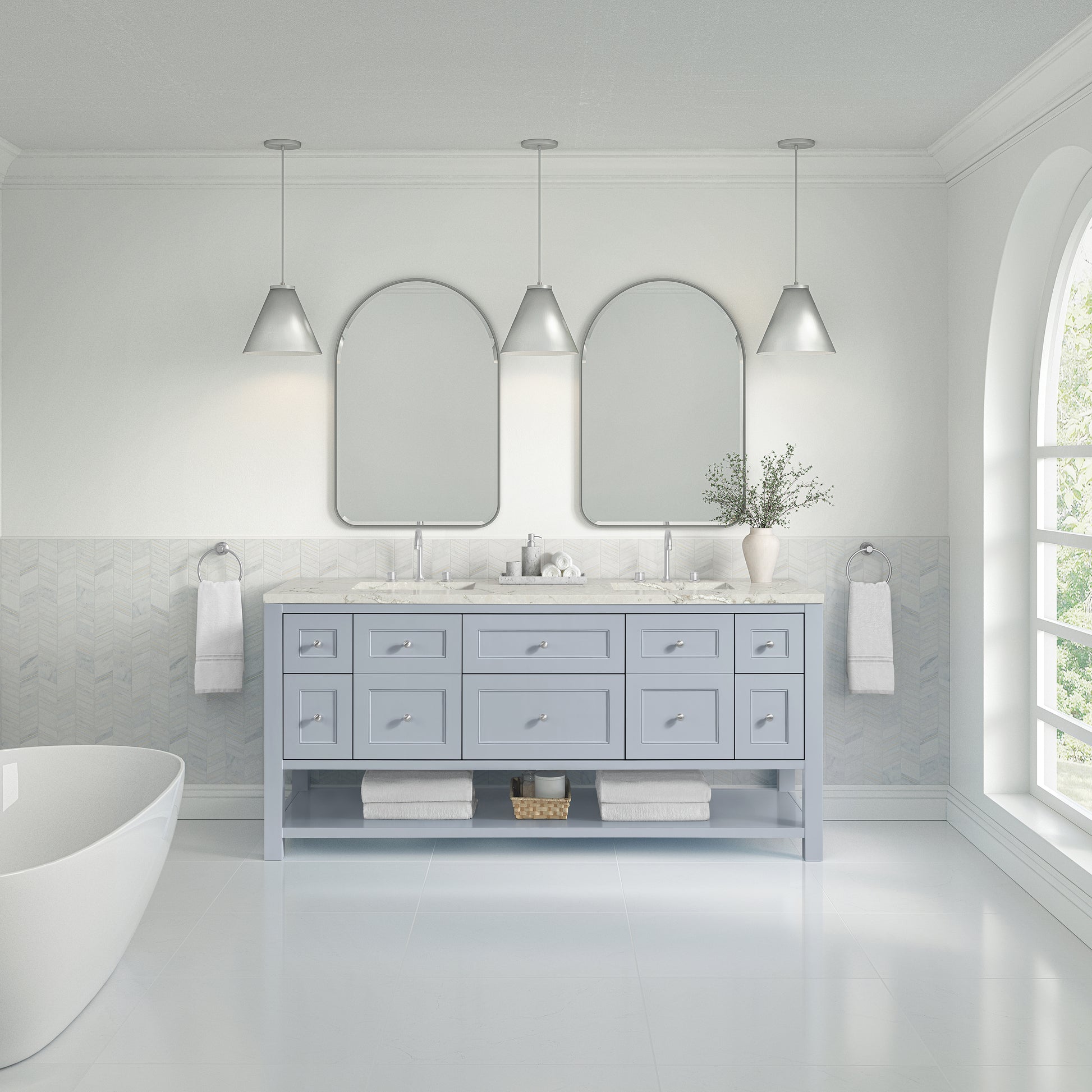James Martin Vanities Breckenridge 72" Serenity Blue Double Vanity With 3 cm Victorian Silver Quartz Top and FreePower Wireless Charger