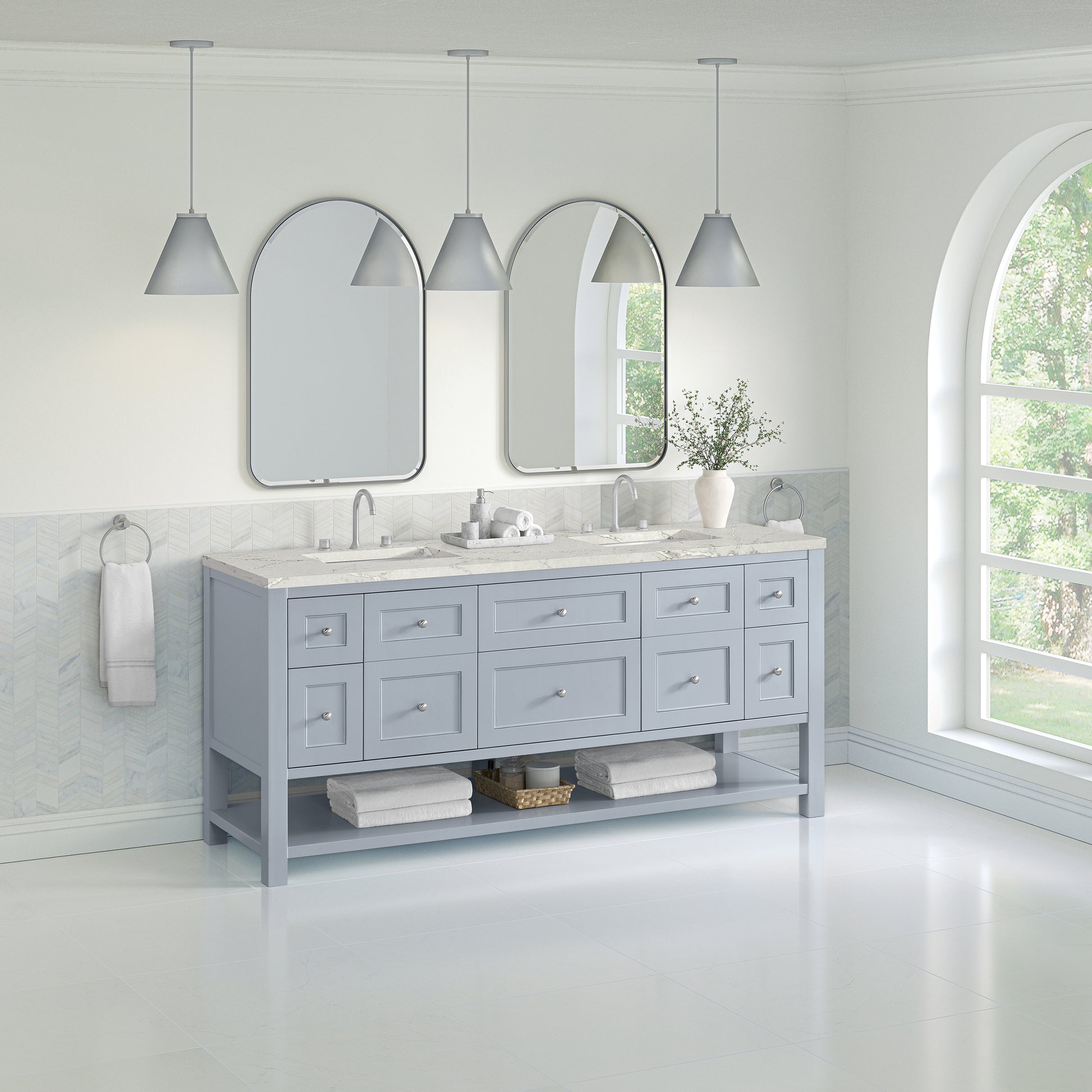 James Martin Vanities Breckenridge 72" Serenity Blue Double Vanity With 3 cm Victorian Silver Quartz Top and FreePower Wireless Charger