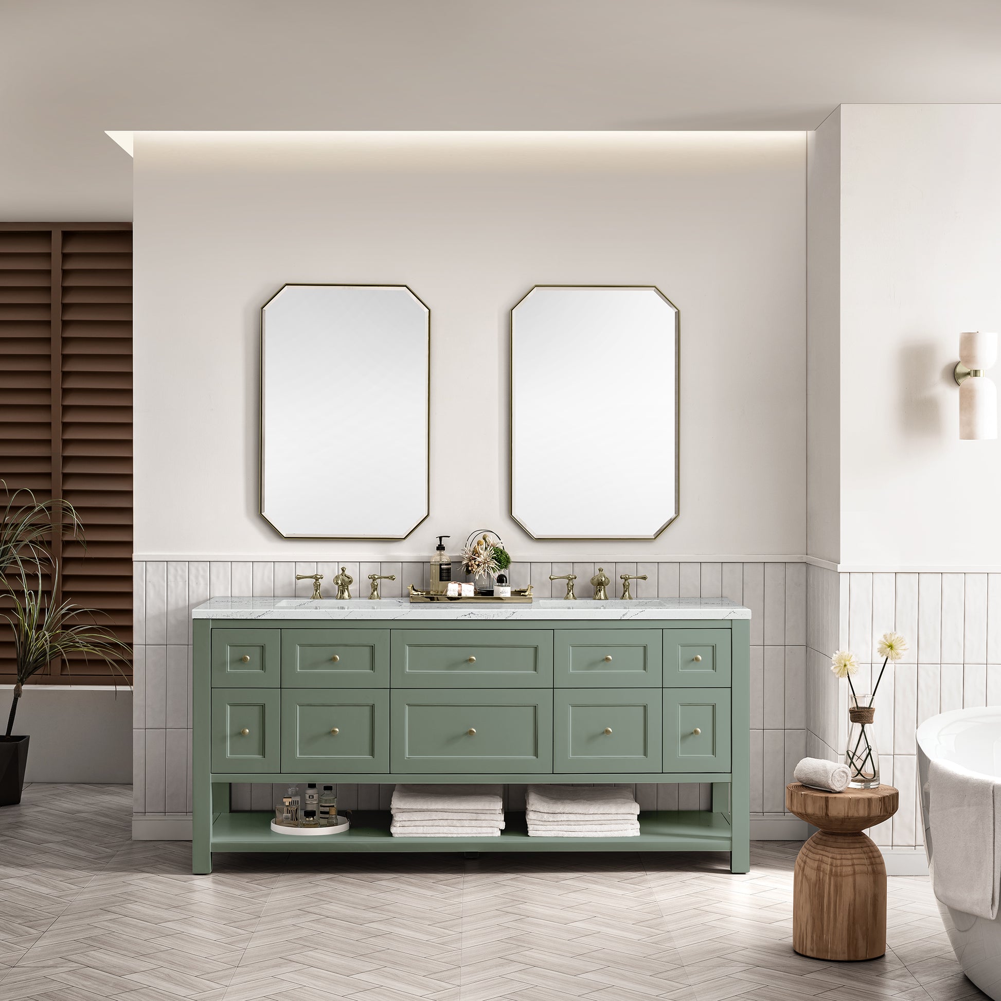 James Martin Vanities Breckenridge 72" Smokey Celadon Double Vanity With 3 cm Ethereal Noctis Top and FreePower Wireless Charger