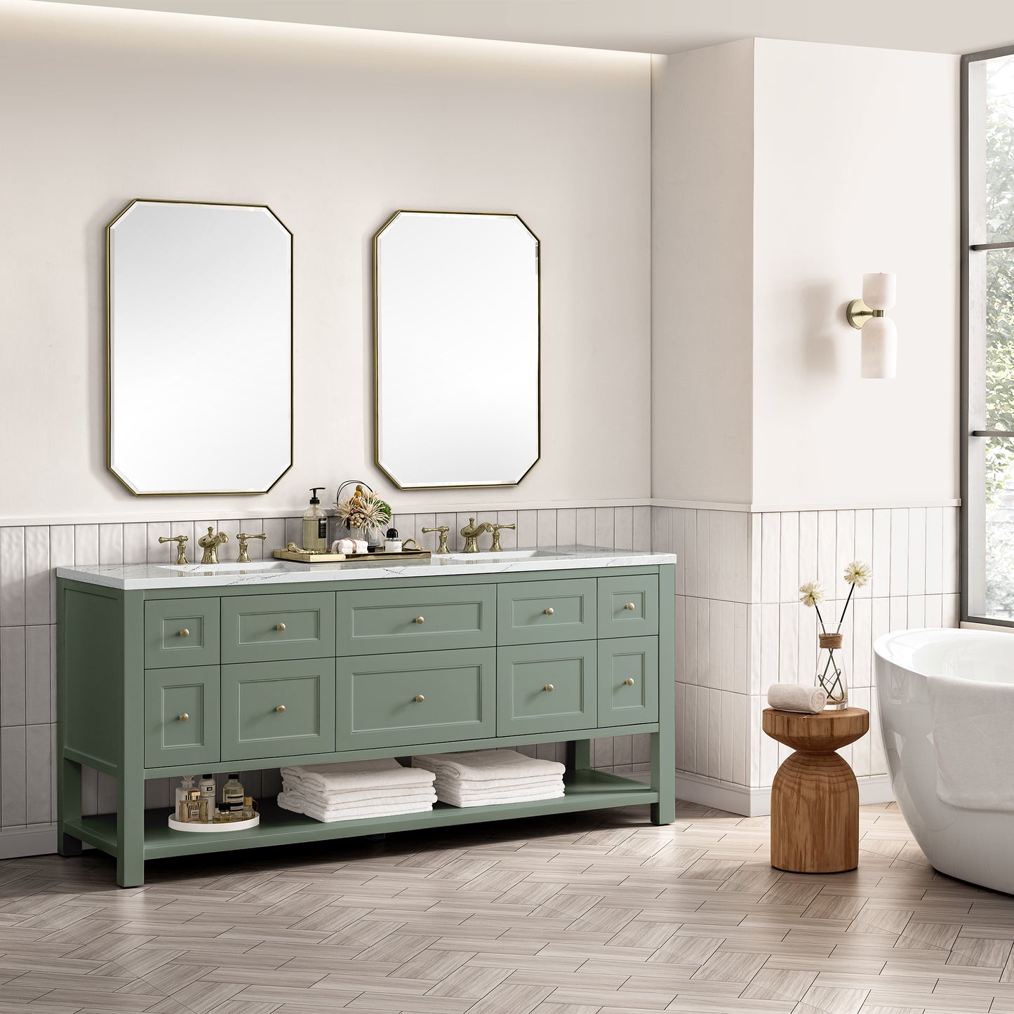 James Martin Vanities Breckenridge 72" Smokey Celadon Double Vanity With 3 cm Ethereal Noctis Top and FreePower Wireless Charger