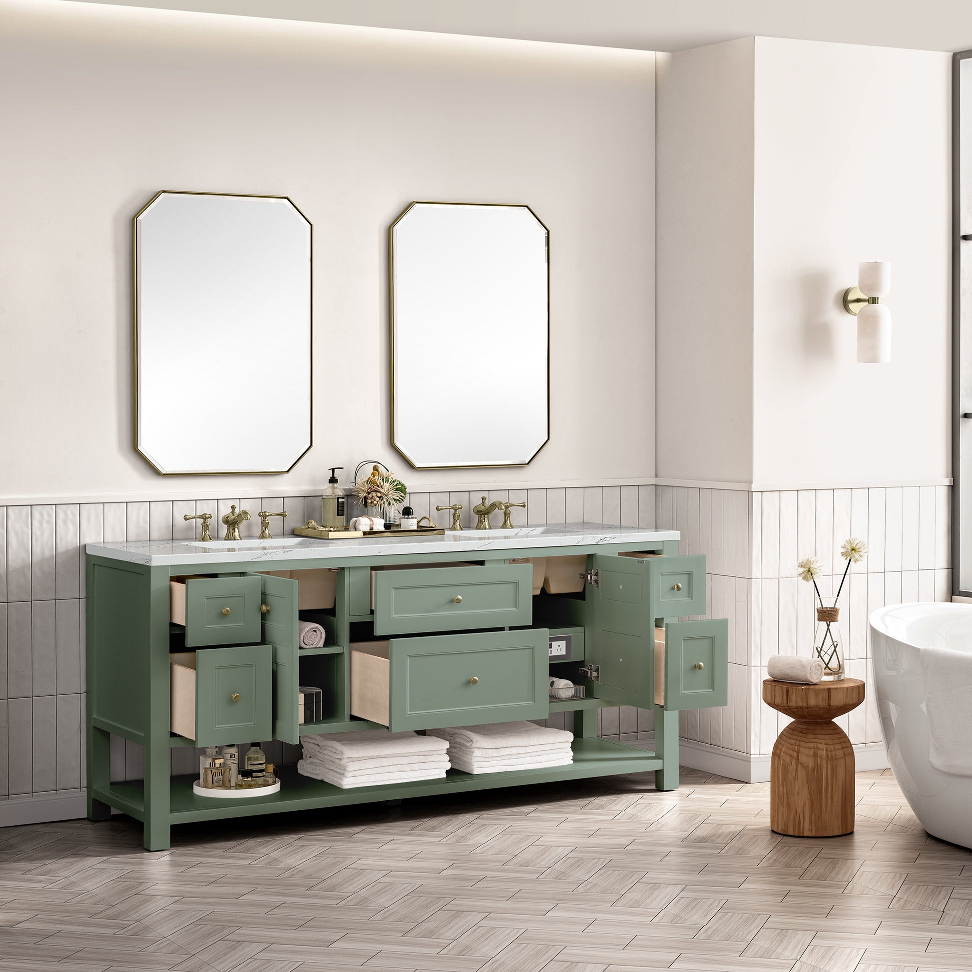 James Martin Vanities Breckenridge 72" Smokey Celadon Double Vanity With 3 cm Ethereal Noctis Top and FreePower Wireless Charger