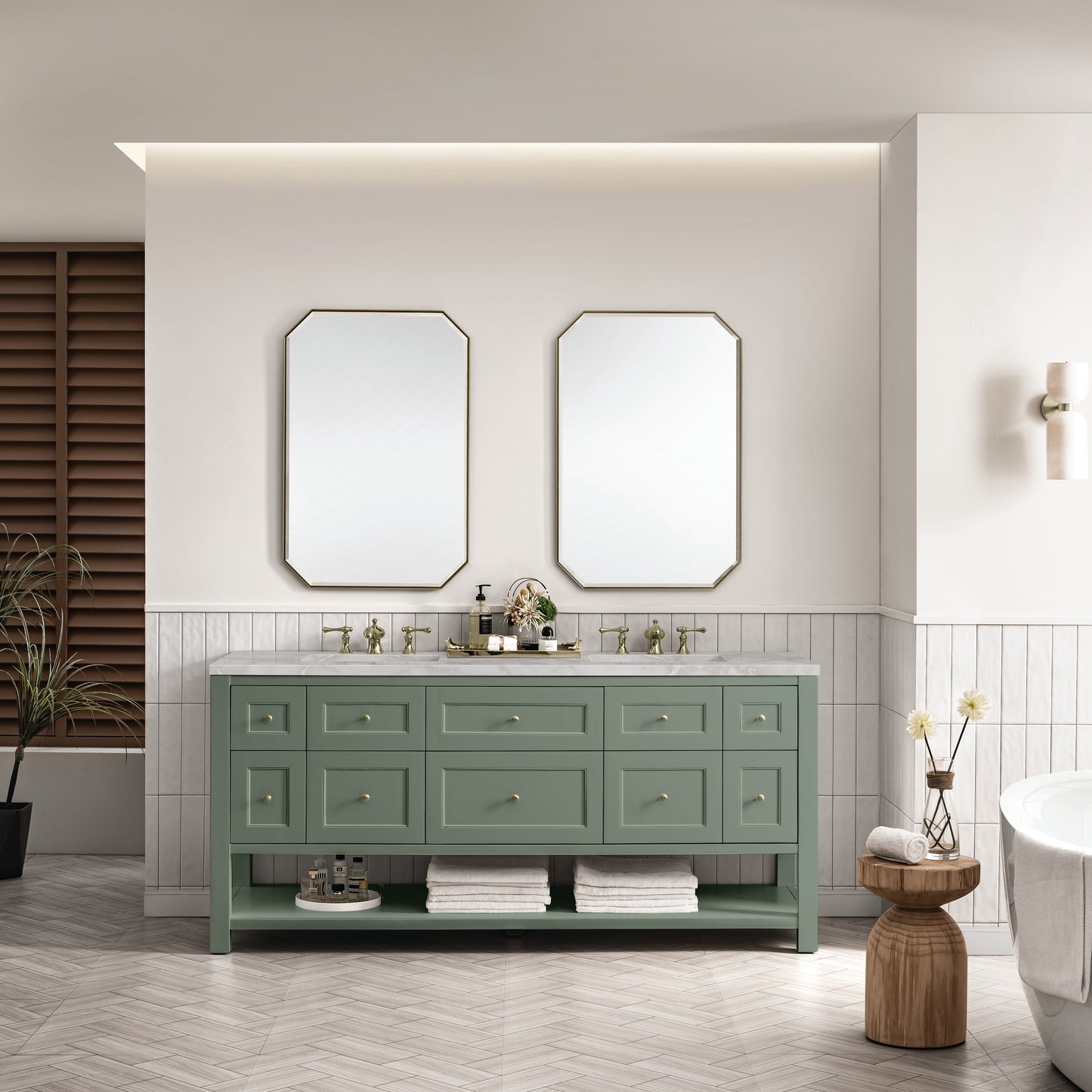 James Martin Vanities Breckenridge 72" Smokey Celadon Double Vanity With 3 cm Victorian Silver Top and FreePower Wireless Charger