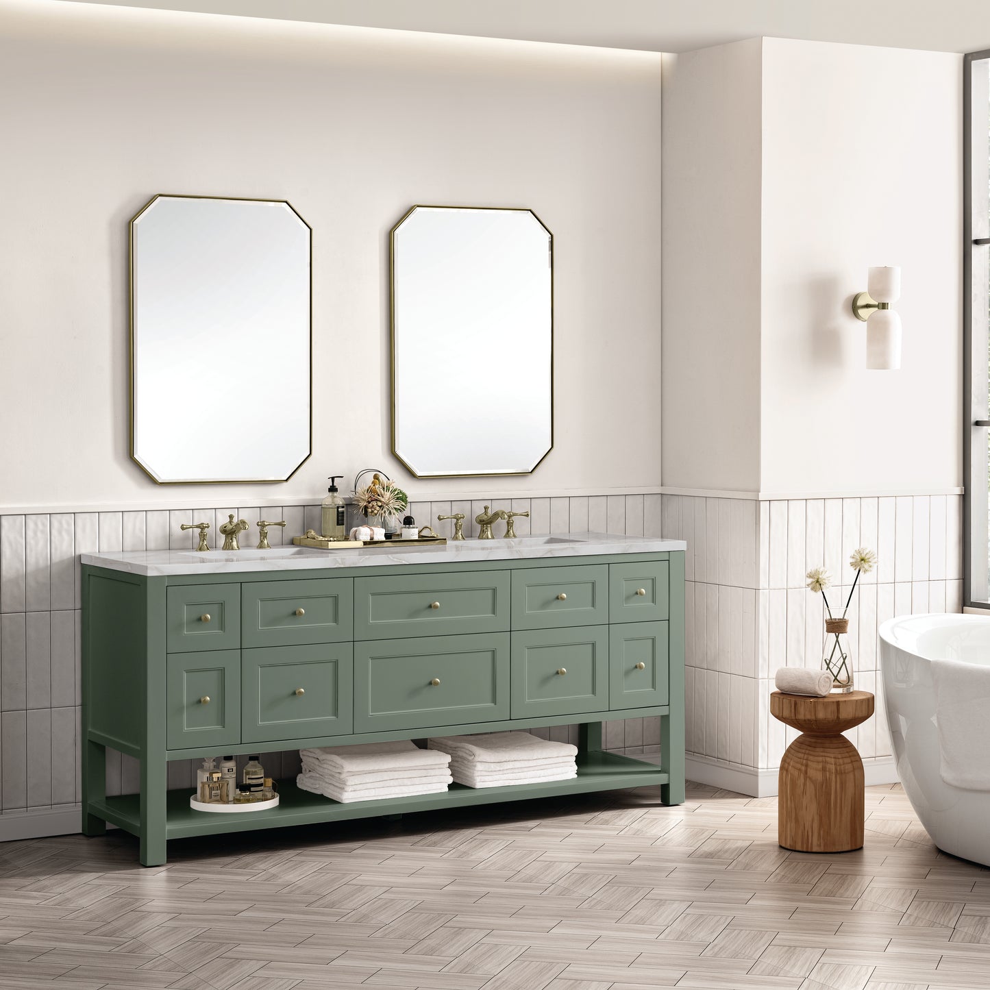 James Martin Vanities Breckenridge 72" Smokey Celadon Double Vanity With 3 cm Victorian Silver Top and FreePower Wireless Charger