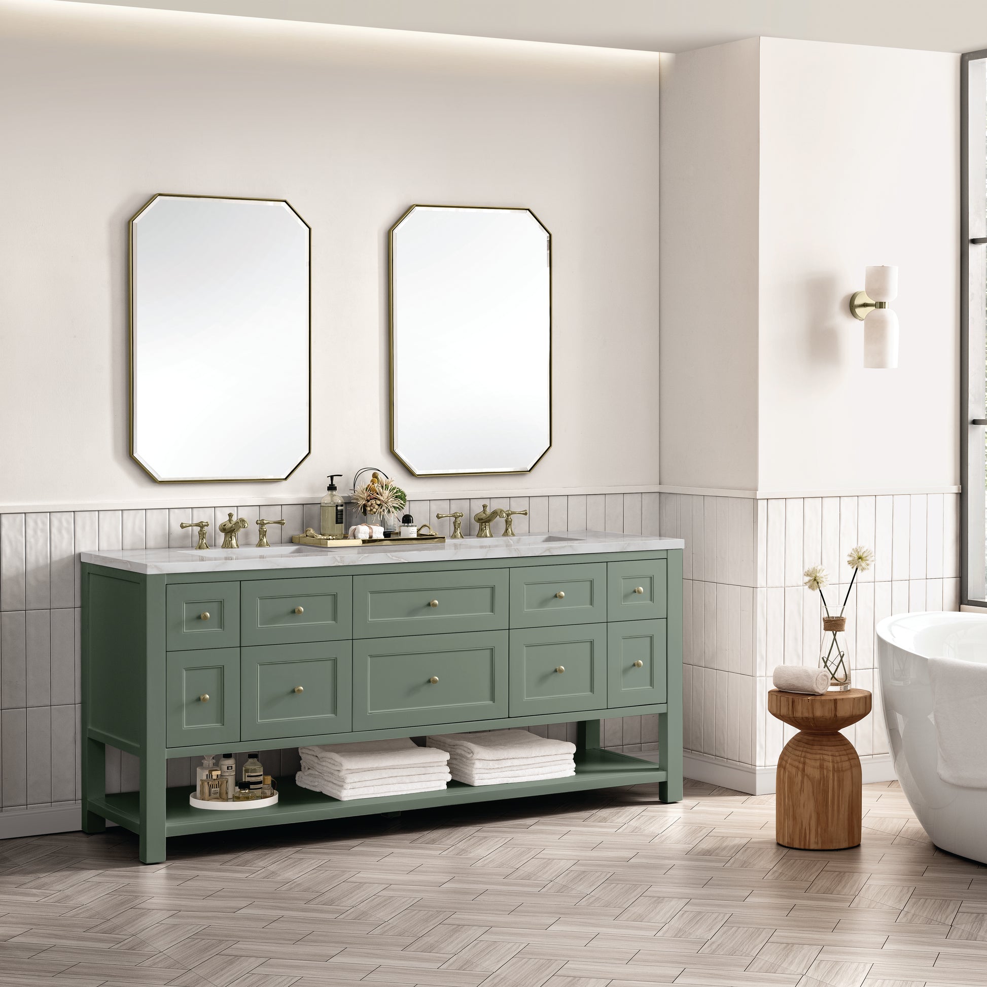 James Martin Vanities Breckenridge 72" Smokey Celadon Double Vanity With 3 cm Victorian Silver Top and FreePower Wireless Charger