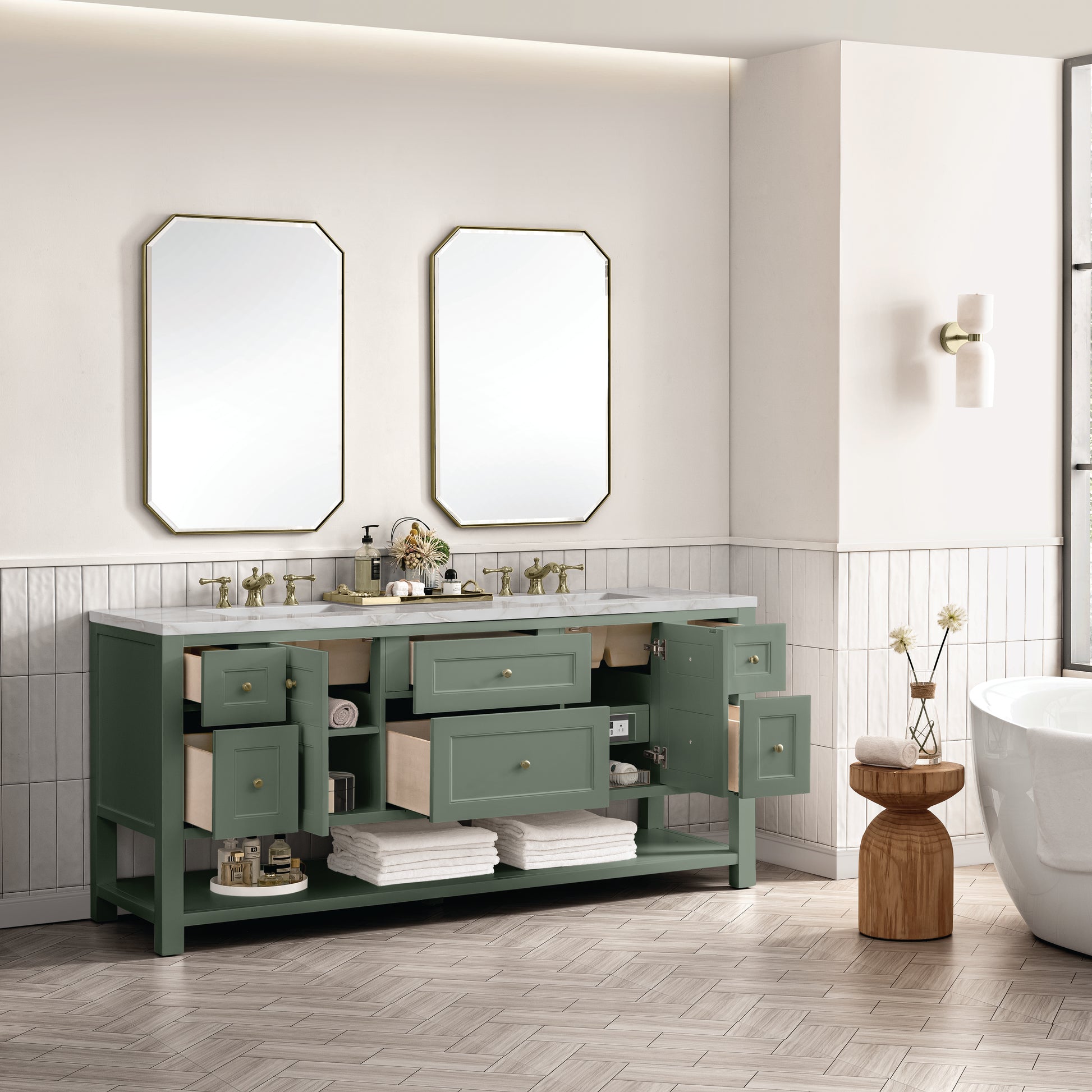 James Martin Vanities Breckenridge 72" Smokey Celadon Double Vanity With 3 cm Victorian Silver Top and FreePower Wireless Charger