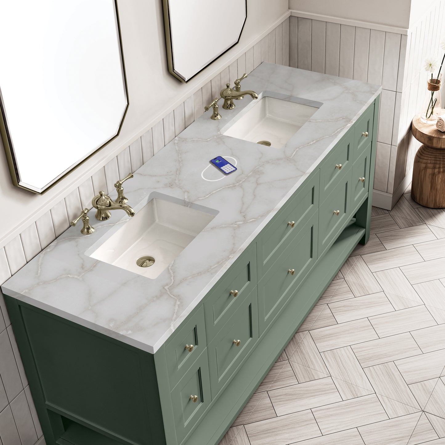 James Martin Vanities Breckenridge 72" Smokey Celadon Double Vanity With 3 cm Victorian Silver Top and FreePower Wireless Charger