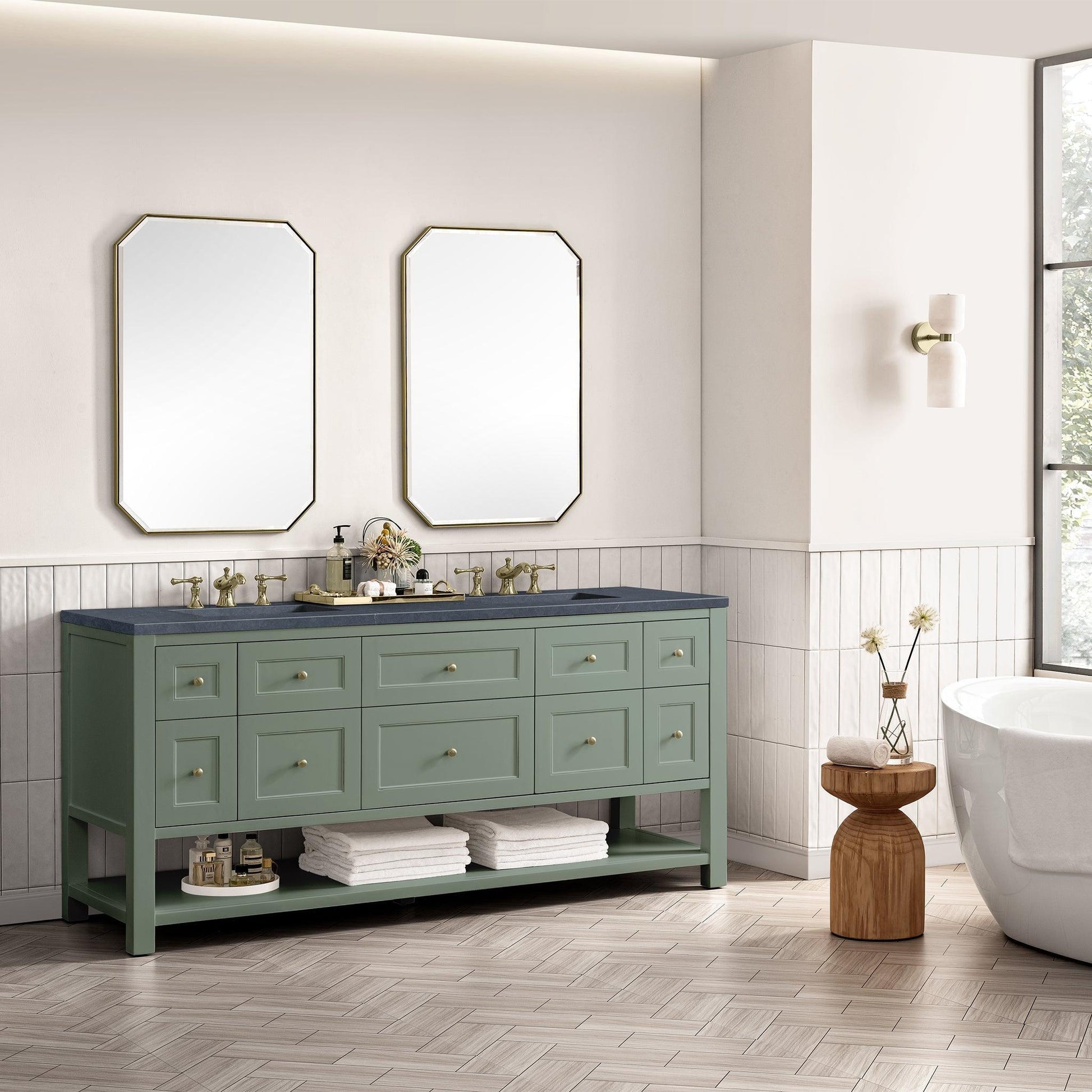 James Martin Vanities Breckenridge 72" Smokey Celadon Double Vanity With 3cm Charcoal Soapstone Top