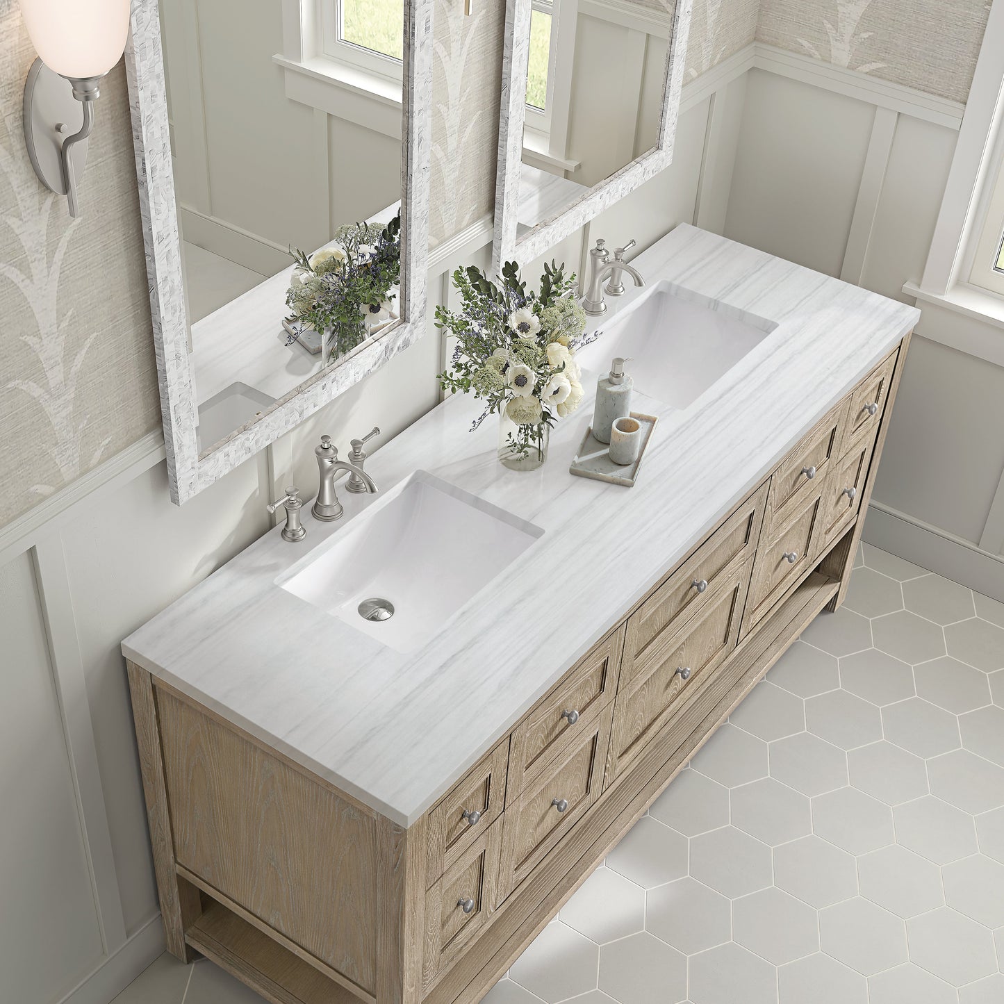 James Martin Vanities Breckenridge 72" Whitewashed Oak Double Vanity With 3 cm Arctic Fall Solid Surface Top