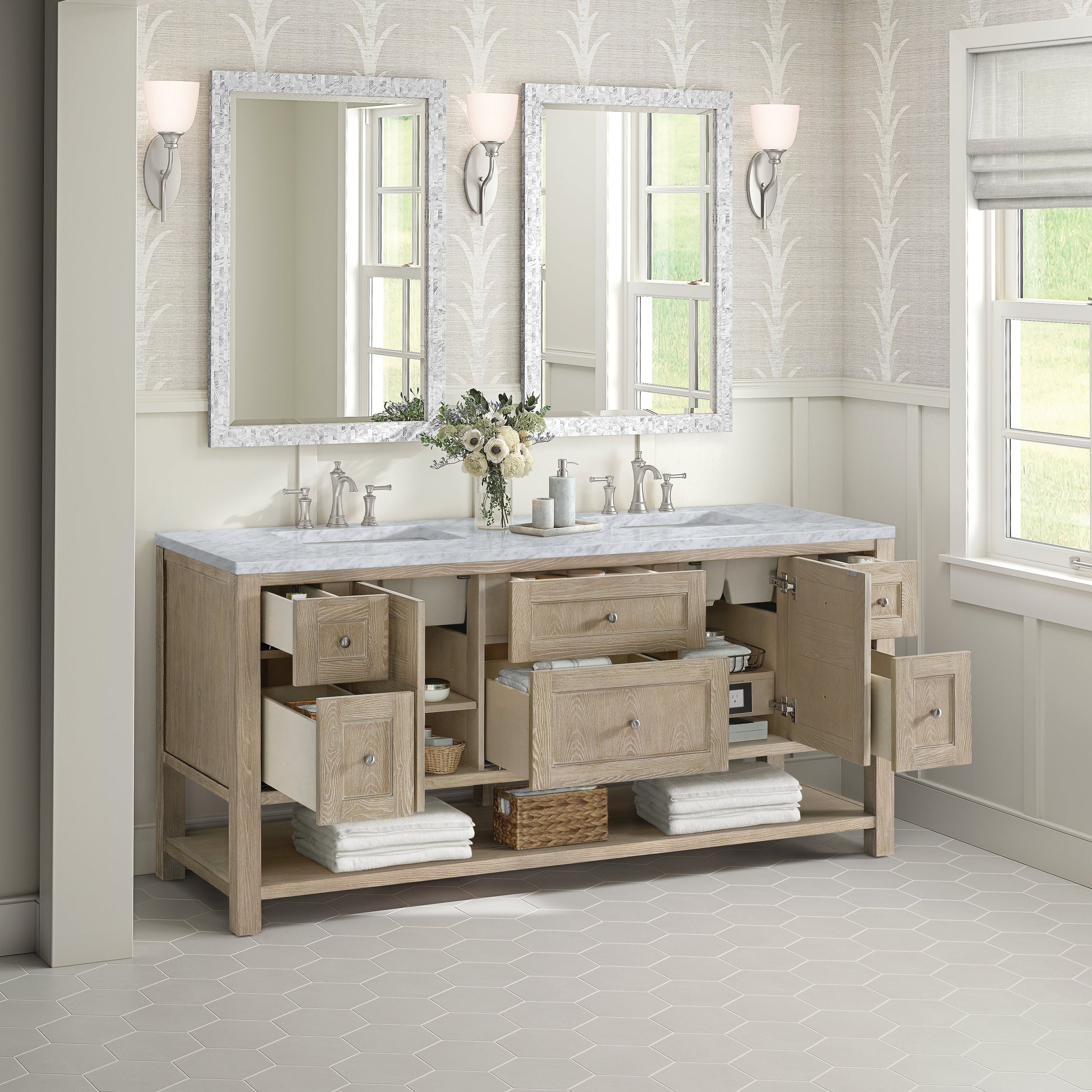 James Martin Vanities Breckenridge 72" Whitewashed Oak Double Vanity With 3 cm Carrara White Marble Top