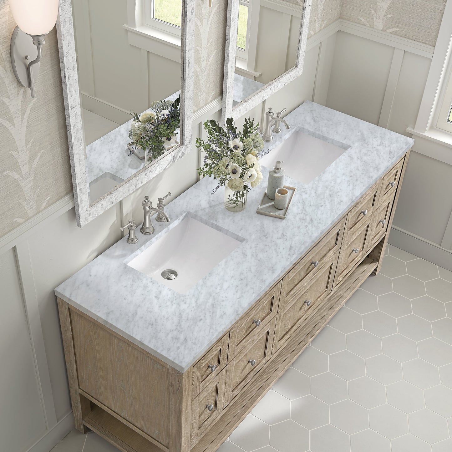 James Martin Vanities Breckenridge 72" Whitewashed Oak Double Vanity With 3 cm Carrara White Marble Top