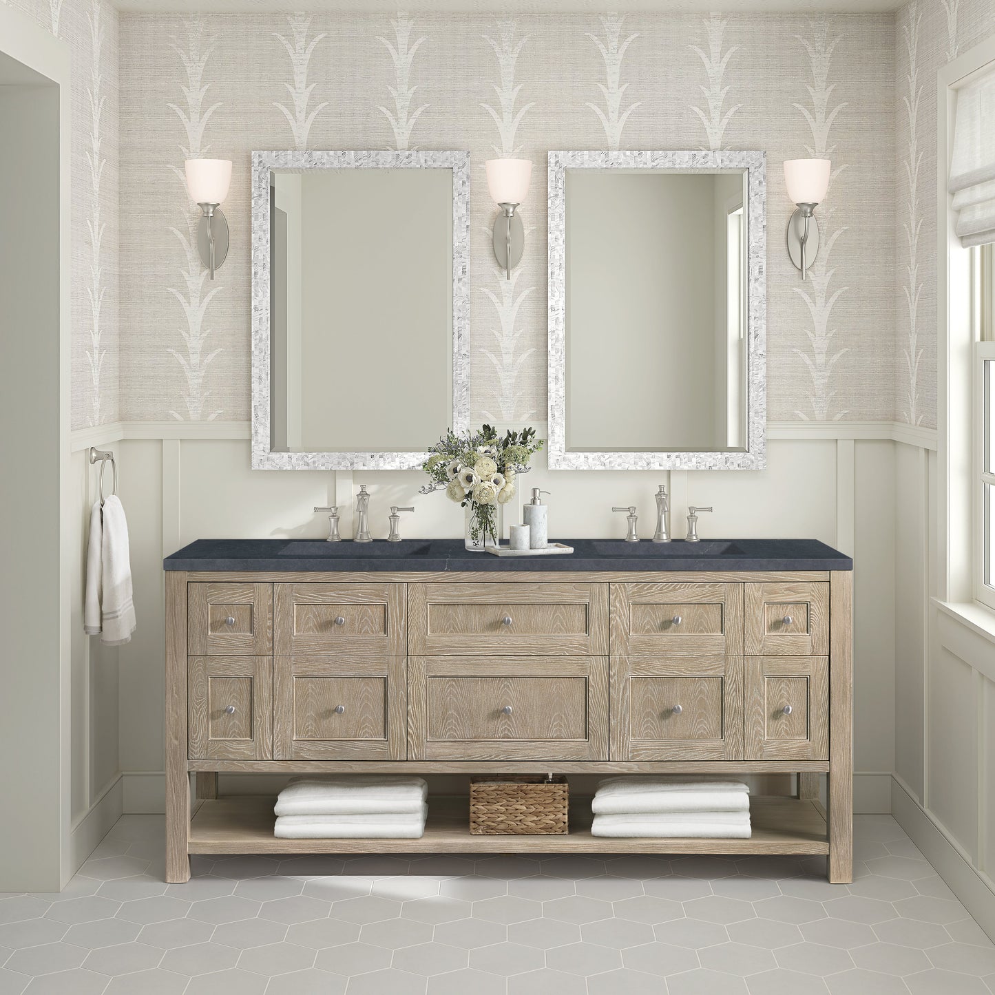 James Martin Vanities Breckenridge 72" Whitewashed Oak Double Vanity With 3 cm Charcoal Soapstone Quartz Top