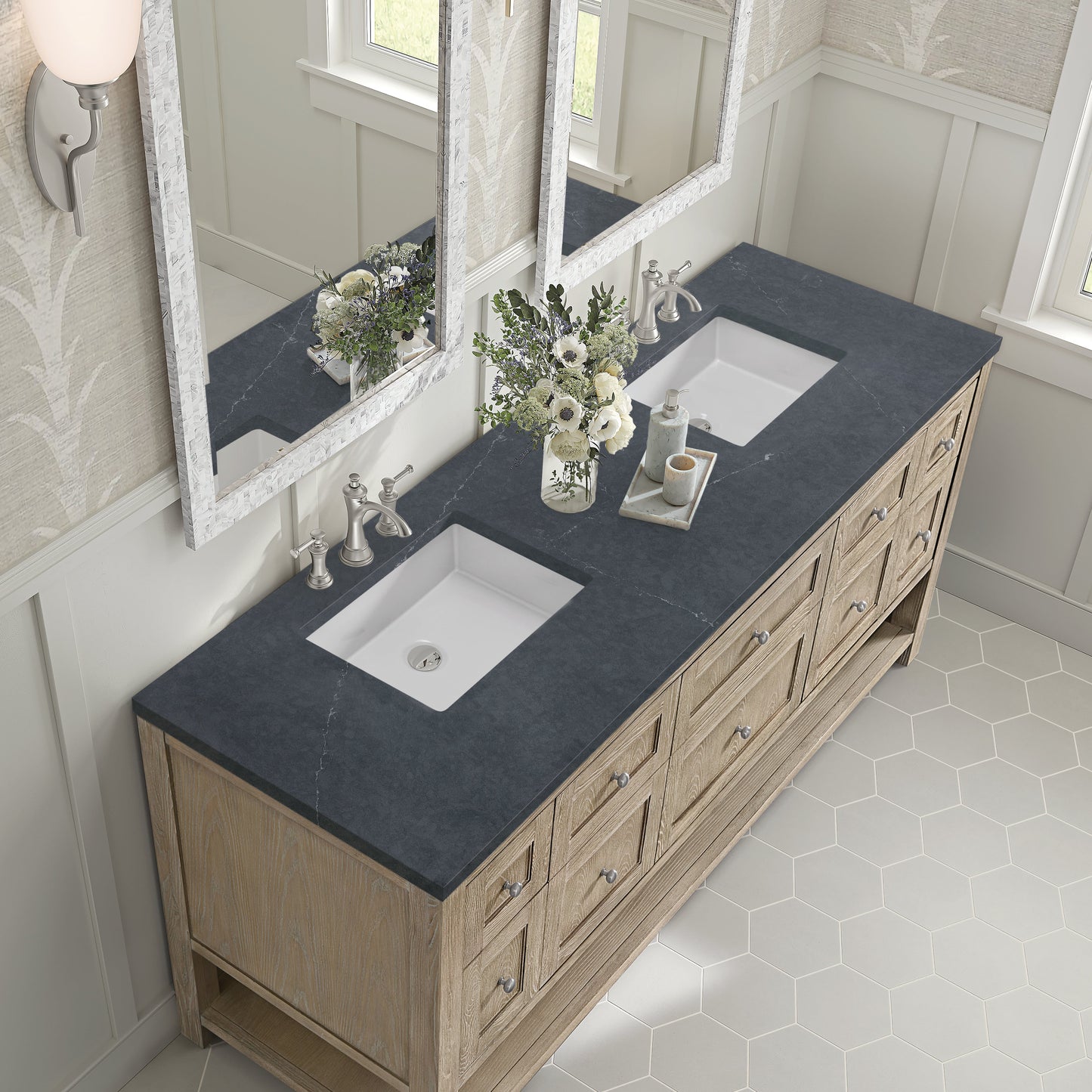 James Martin Vanities Breckenridge 72" Whitewashed Oak Double Vanity With 3 cm Charcoal Soapstone Quartz Top