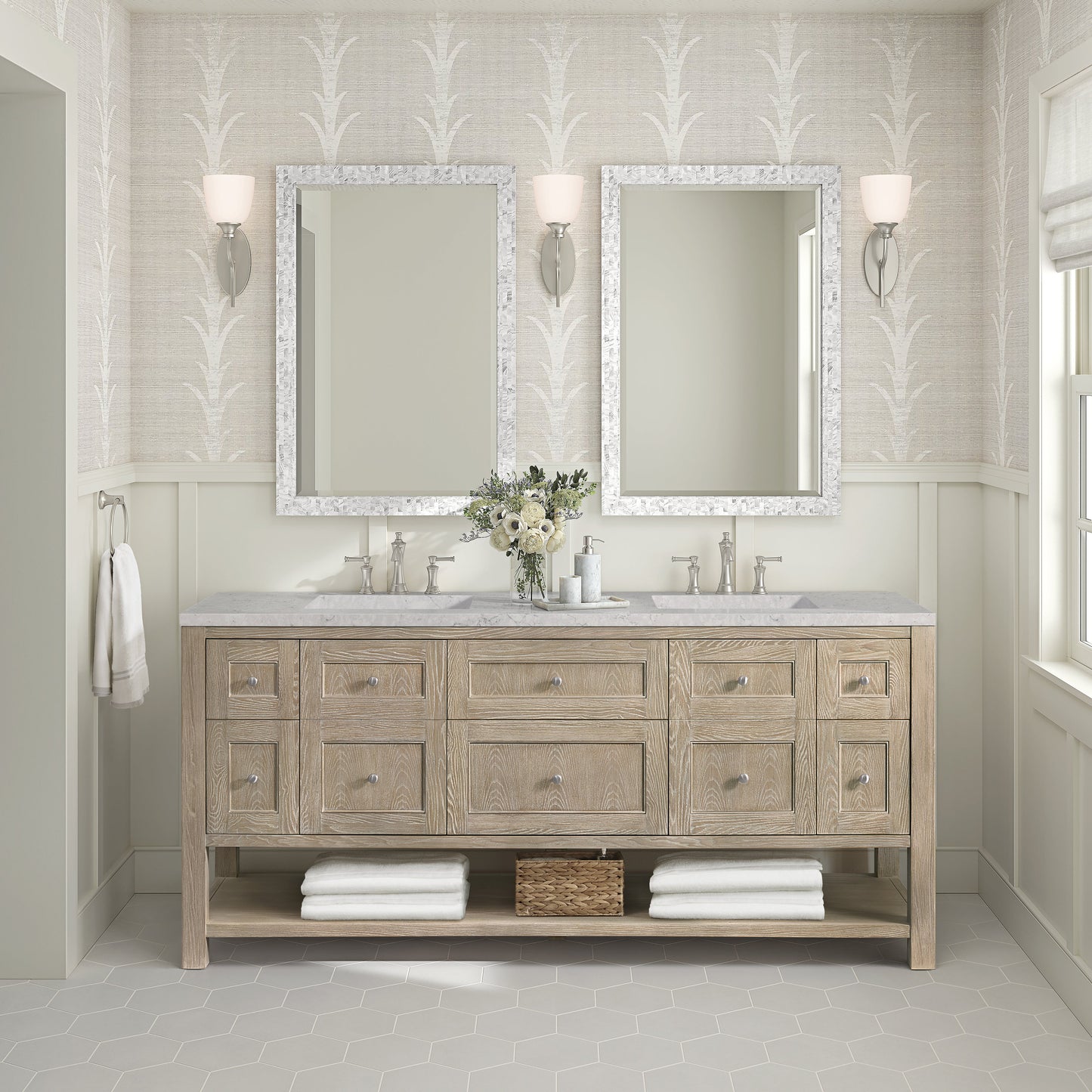 James Martin Vanities Breckenridge 72" Whitewashed Oak Double Vanity With 3 cm Eternal Jasmine Pearl Quartz Top