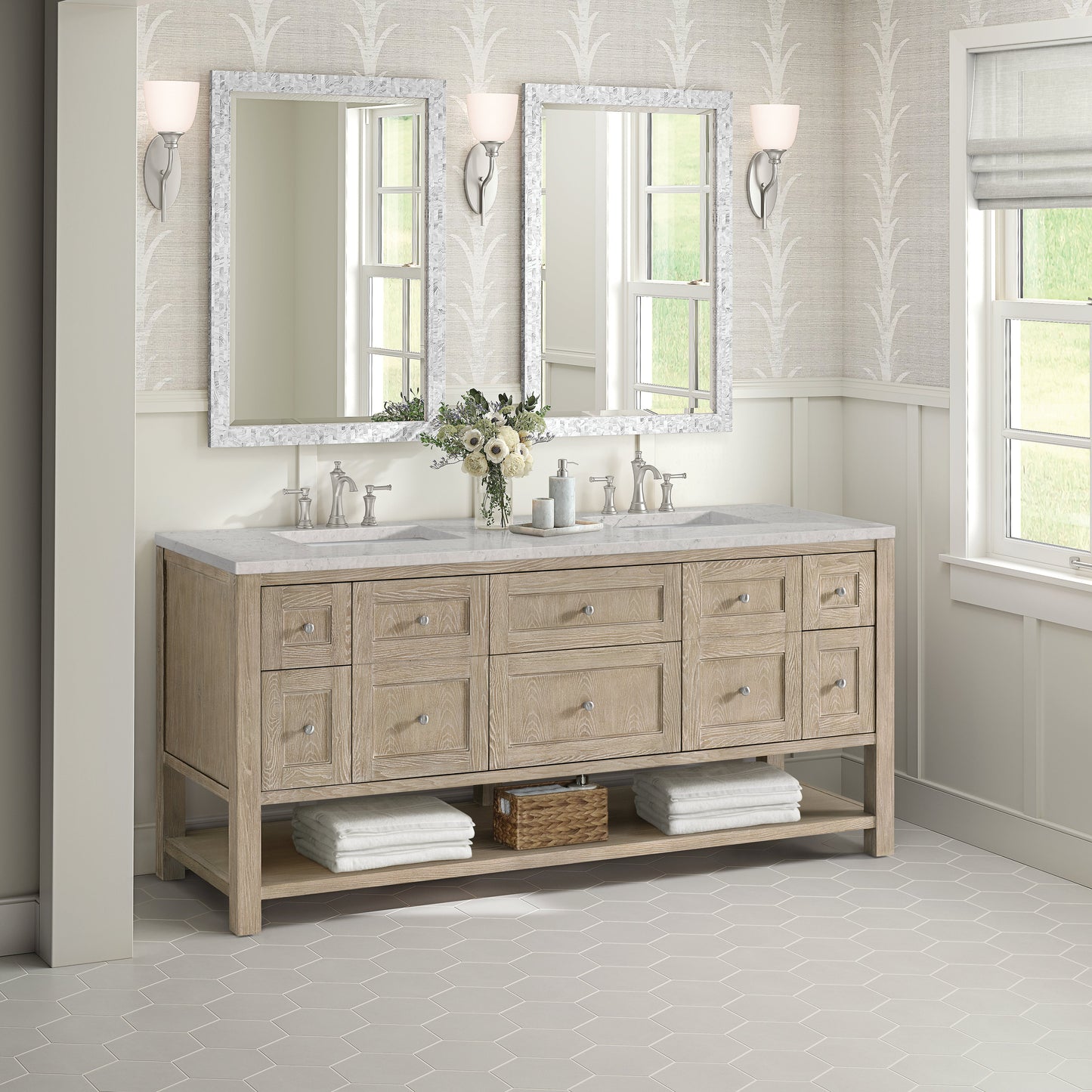 James Martin Vanities Breckenridge 72" Whitewashed Oak Double Vanity With 3 cm Eternal Jasmine Pearl Quartz Top