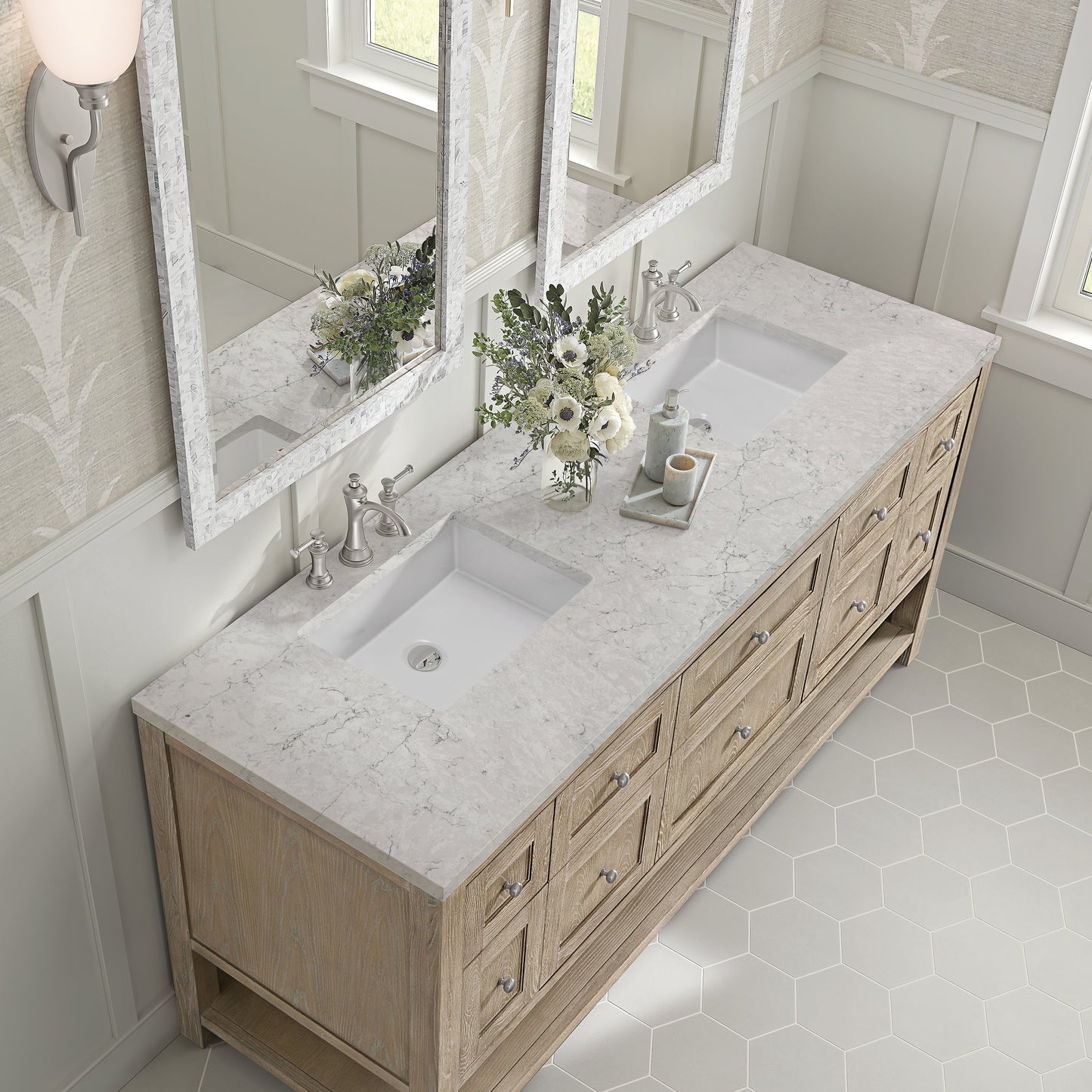 James Martin Vanities Breckenridge 72" Whitewashed Oak Double Vanity With 3 cm Eternal Jasmine Pearl Quartz Top