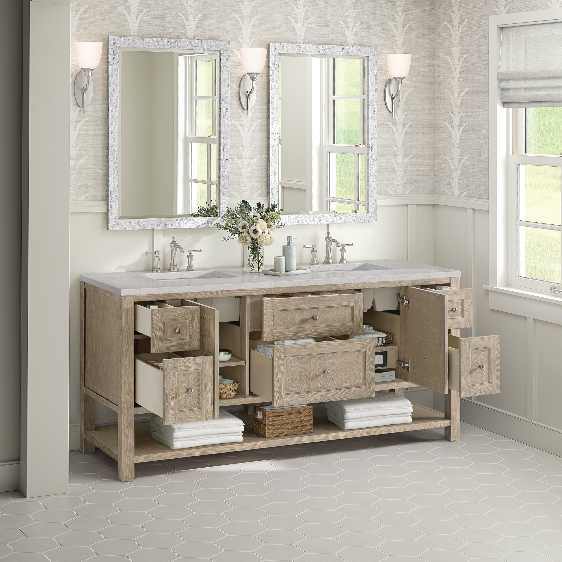 James Martin Vanities Breckenridge 72" Whitewashed Oak Double Vanity With 3 cm Eternal Jasmine Pearl Silestone Top and FreePower Wireless Charger