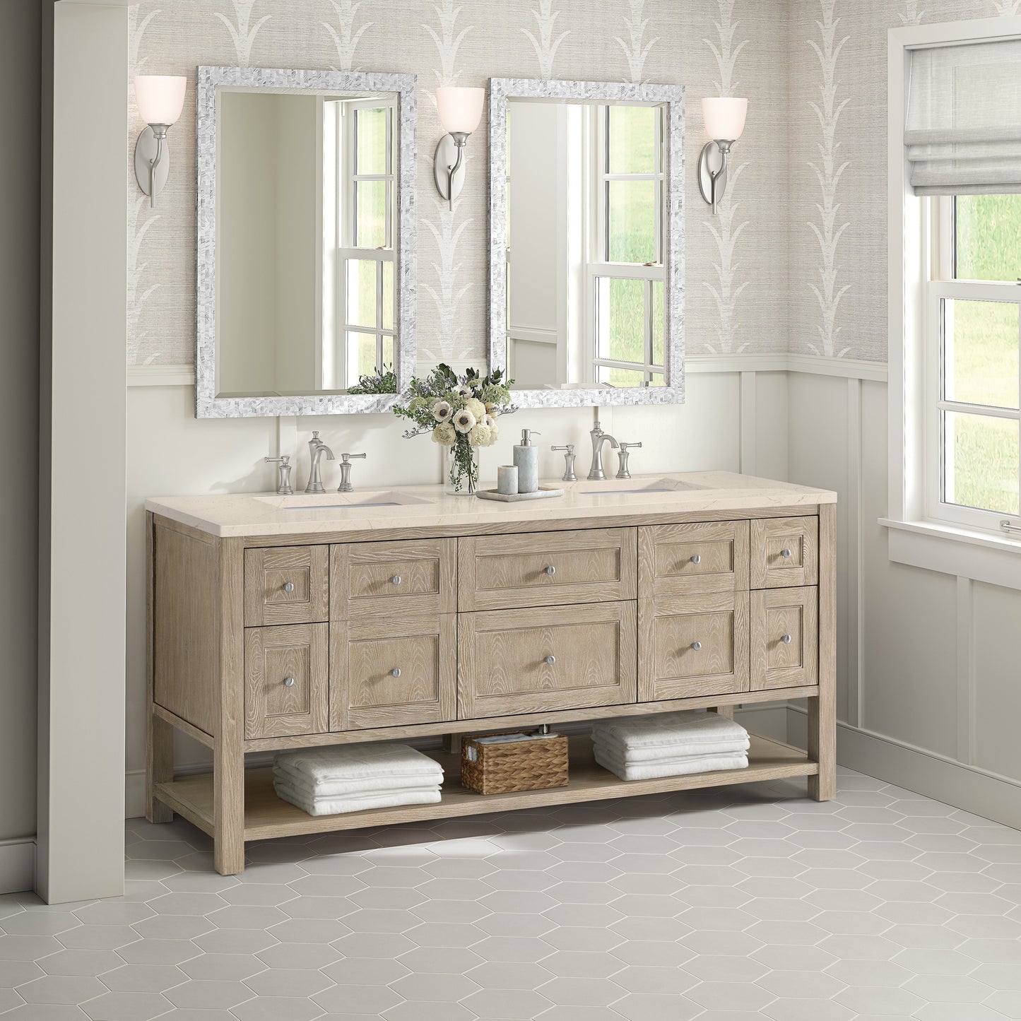 James Martin Vanities Breckenridge 72" Whitewashed Oak Double Vanity With 3 cm Eternal Marfil Quartz Top