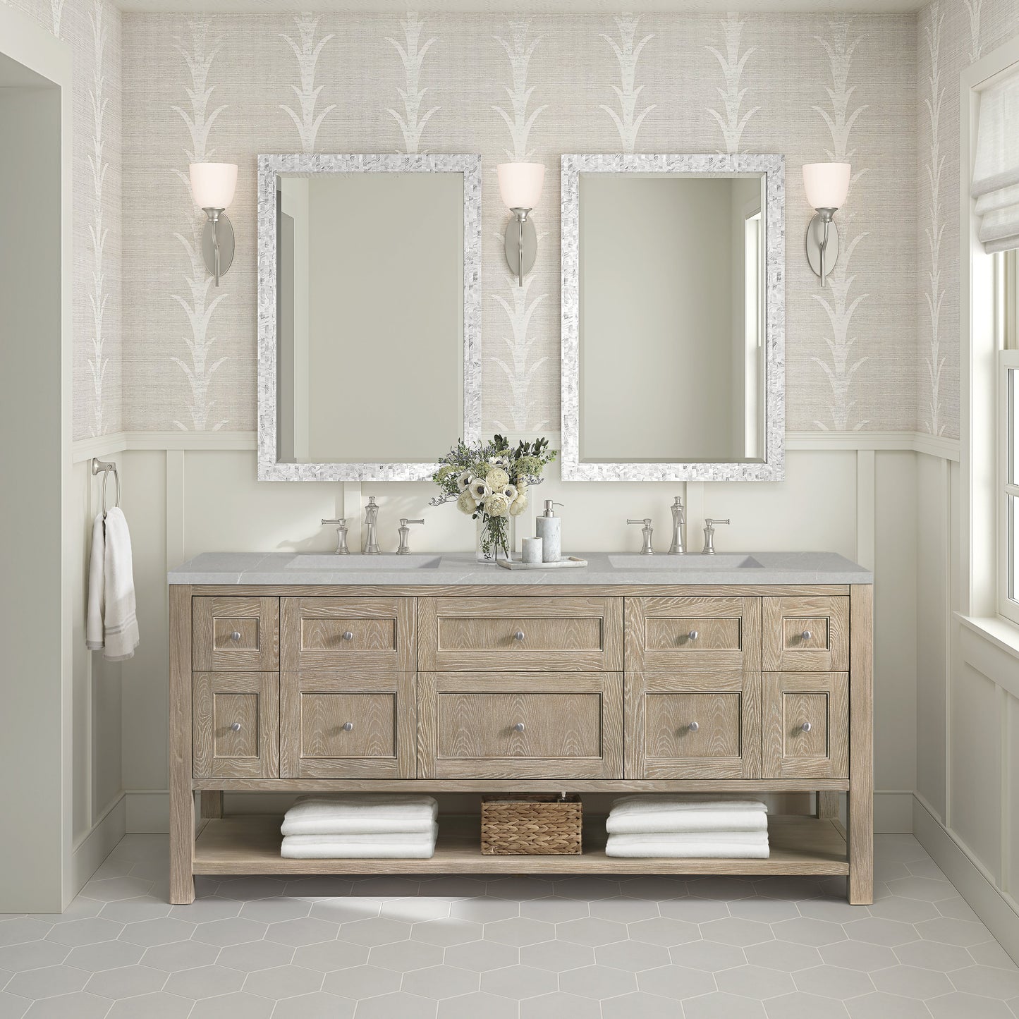 James Martin Vanities Breckenridge 72" Whitewashed Oak Double Vanity With 3 cm Eternal Serena Quartz Top