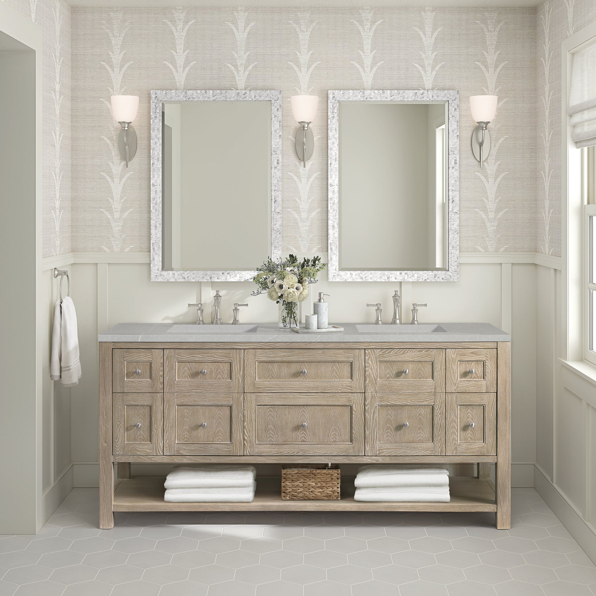 James Martin Vanities Breckenridge 72" Whitewashed Oak Double Vanity With 3 cm Eternal Serena Quartz Top