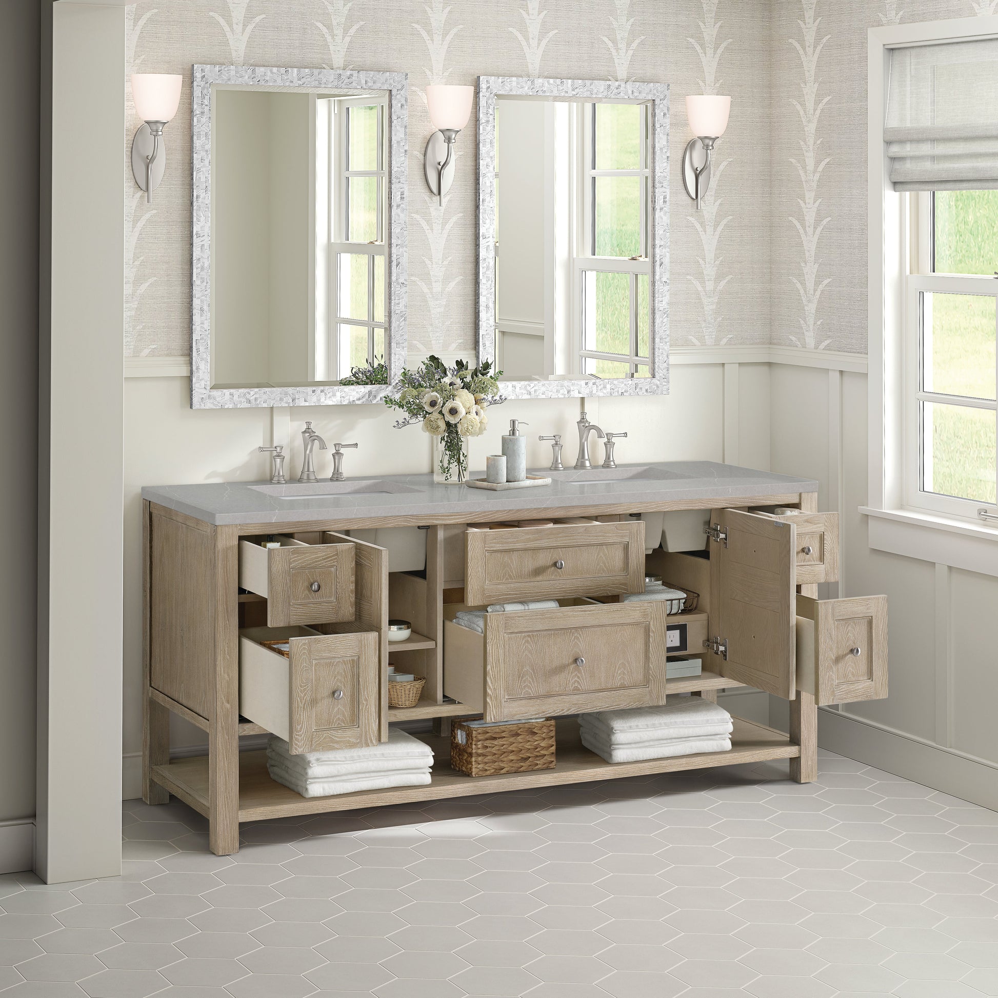 James Martin Vanities Breckenridge 72" Whitewashed Oak Double Vanity With 3 cm Eternal Serena Quartz Top