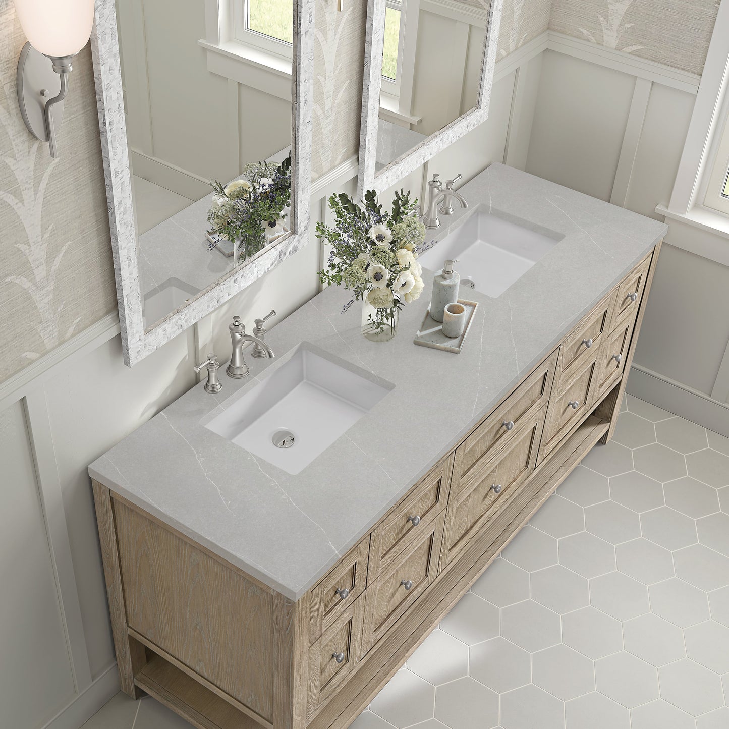 James Martin Vanities Breckenridge 72" Whitewashed Oak Double Vanity With 3 cm Eternal Serena Quartz Top