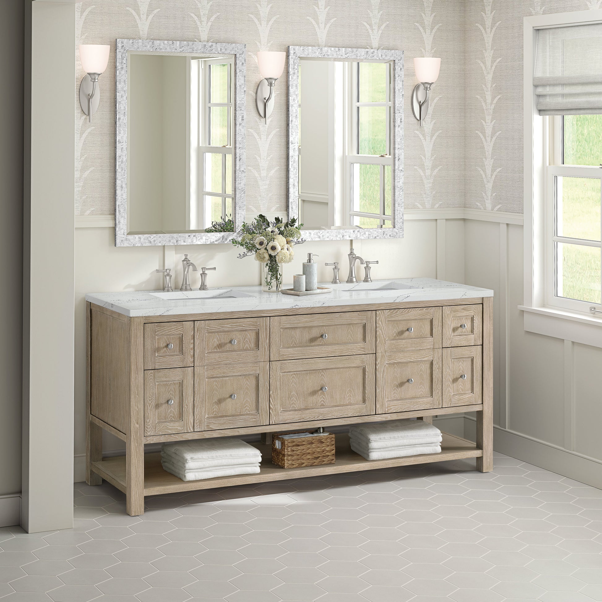 James Martin Vanities Breckenridge 72" Whitewashed Oak Double Vanity With 3 cm Ethereal Noctis Quartz Top