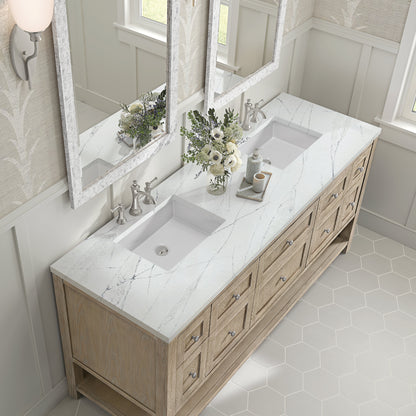 James Martin Vanities Breckenridge 72" Whitewashed Oak Double Vanity With 3 cm Ethereal Noctis Quartz Top